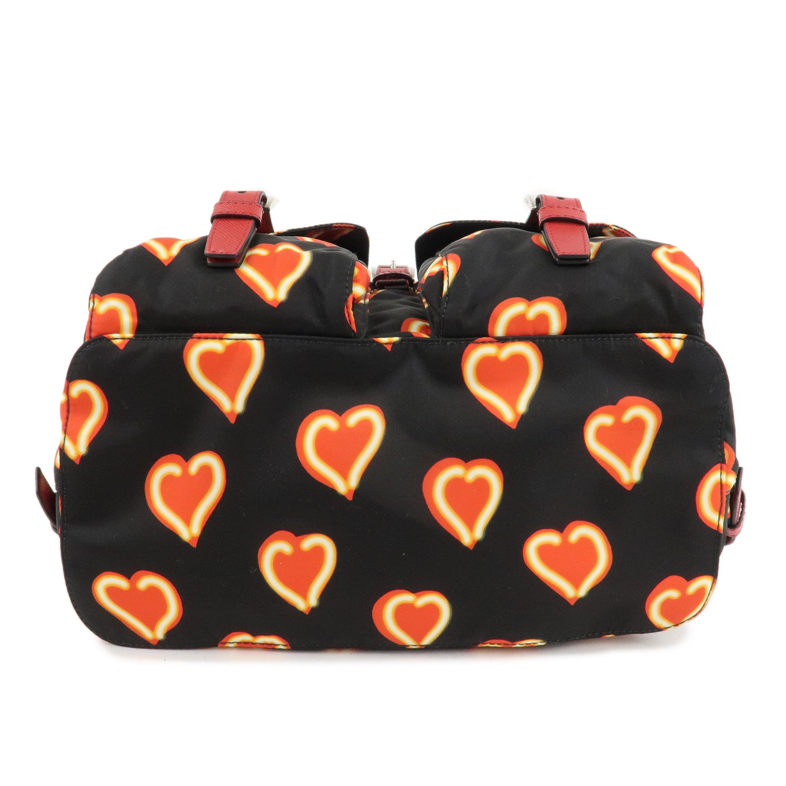 PRADA Logo Nylon Leather Heart Motif Back Pack Black 1BZ006 Used