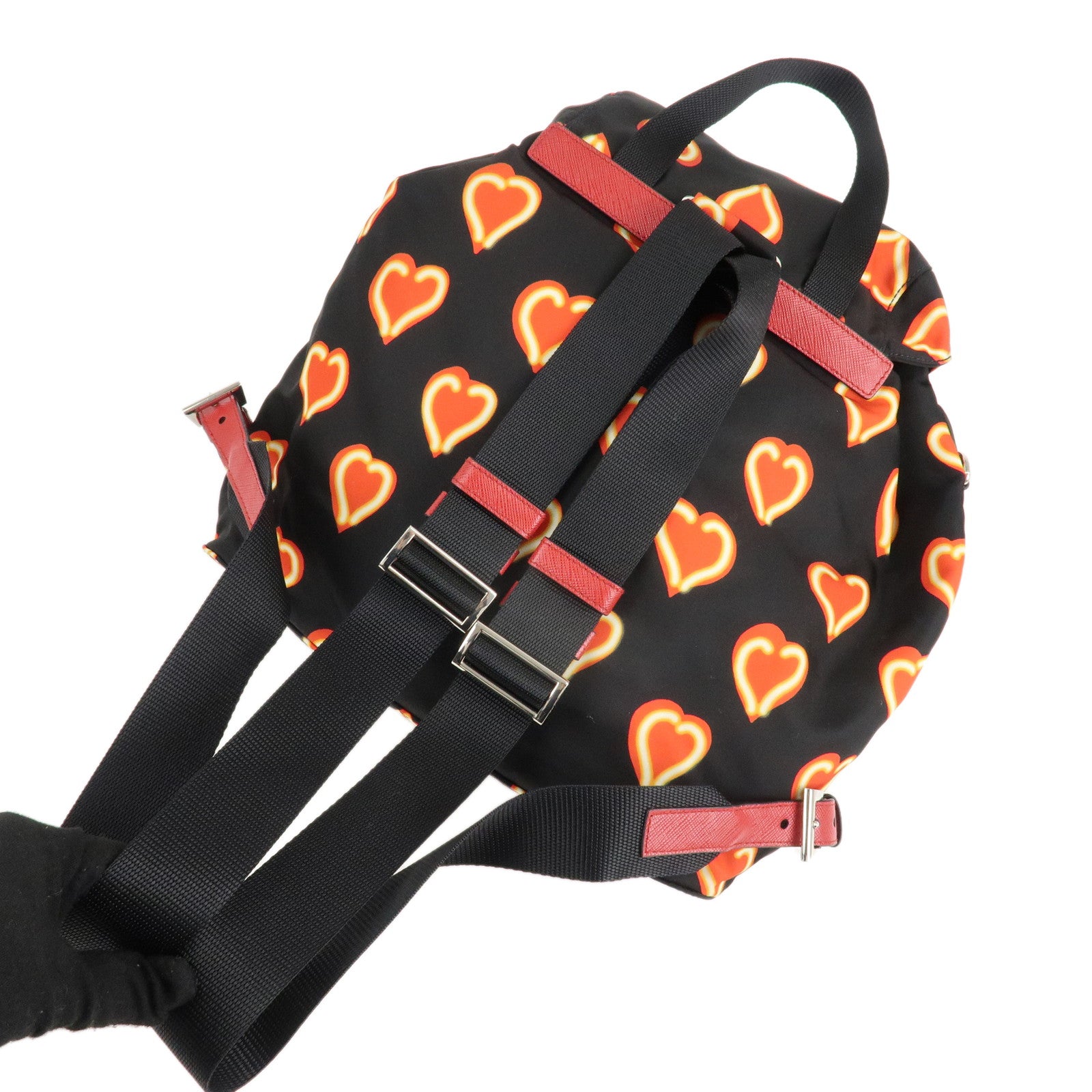 PRADA Logo Nylon Leather Heart Motif Back Pack Black 1BZ006 Used
