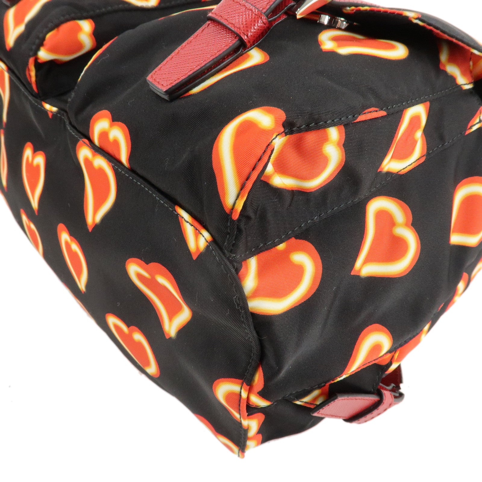 PRADA Logo Nylon Leather Heart Motif Back Pack Black 1BZ006 Used