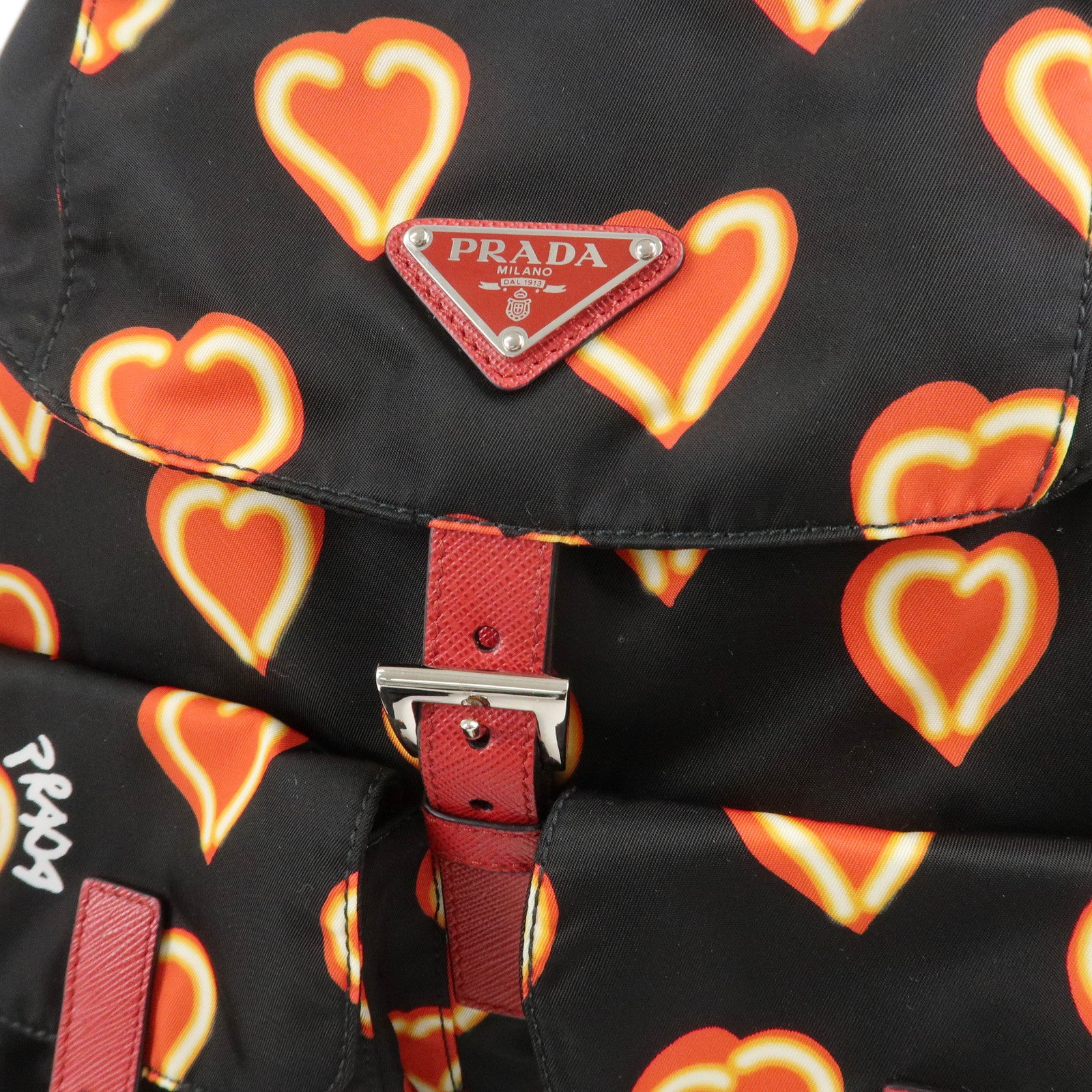 PRADA Logo Nylon Leather Heart Motif Back Pack Black 1BZ006 Used