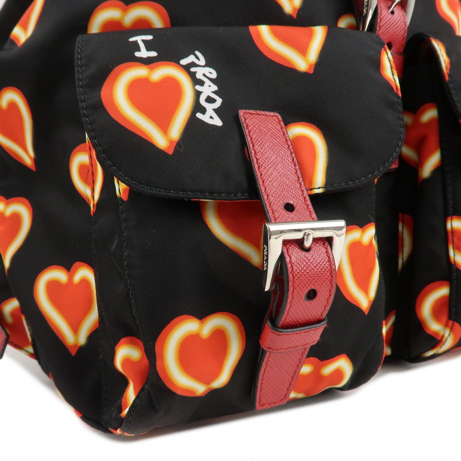 PRADA Logo Nylon Leather Heart Motif Back Pack Black 1BZ006 Used