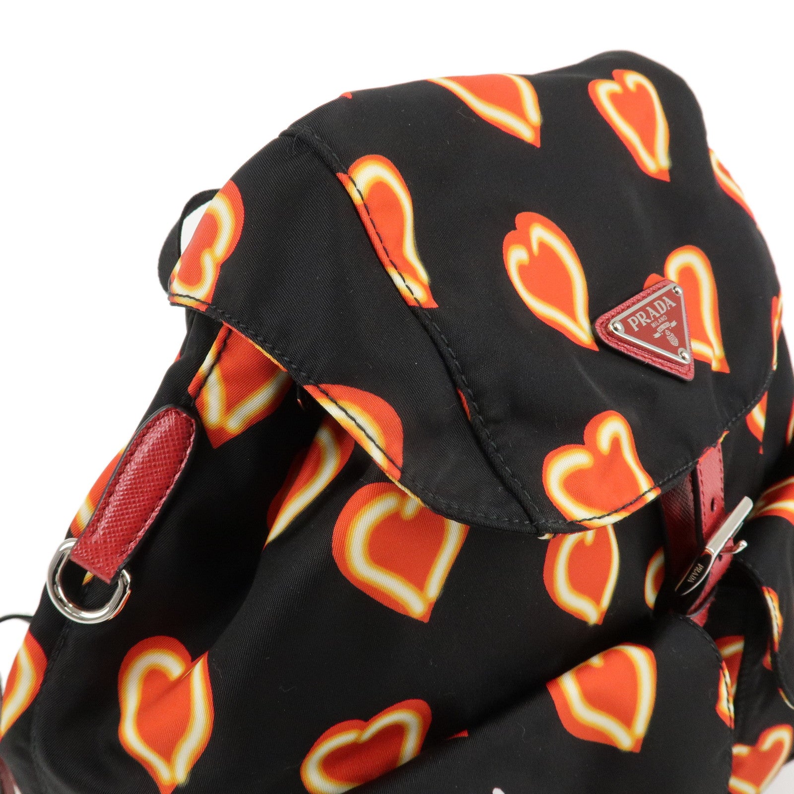 PRADA Logo Nylon Leather Heart Motif Back Pack Black 1BZ006 Used