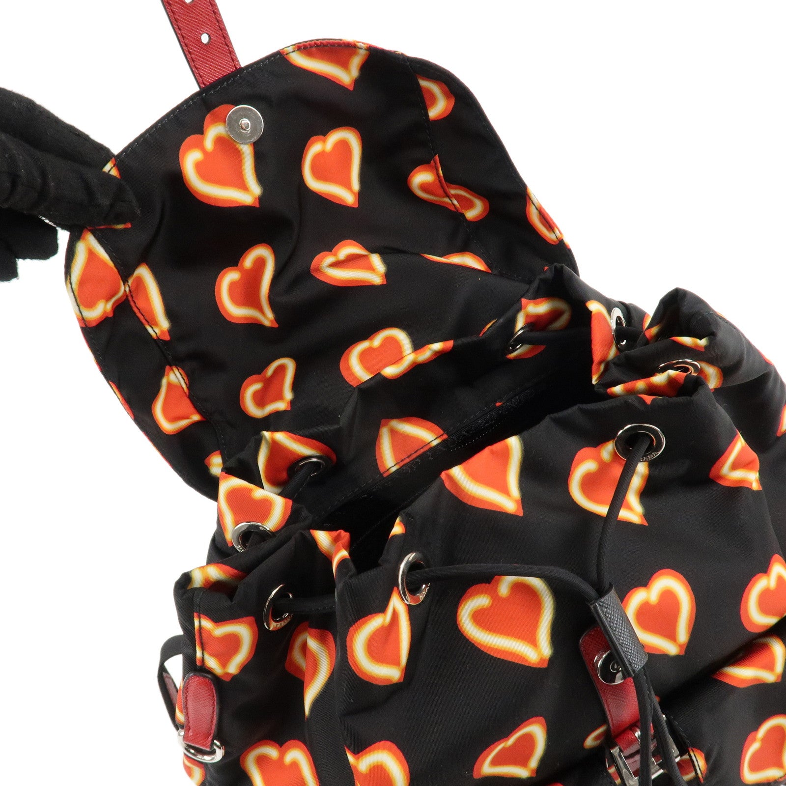 PRADA Logo Nylon Leather Heart Motif Back Pack Black 1BZ006 Used