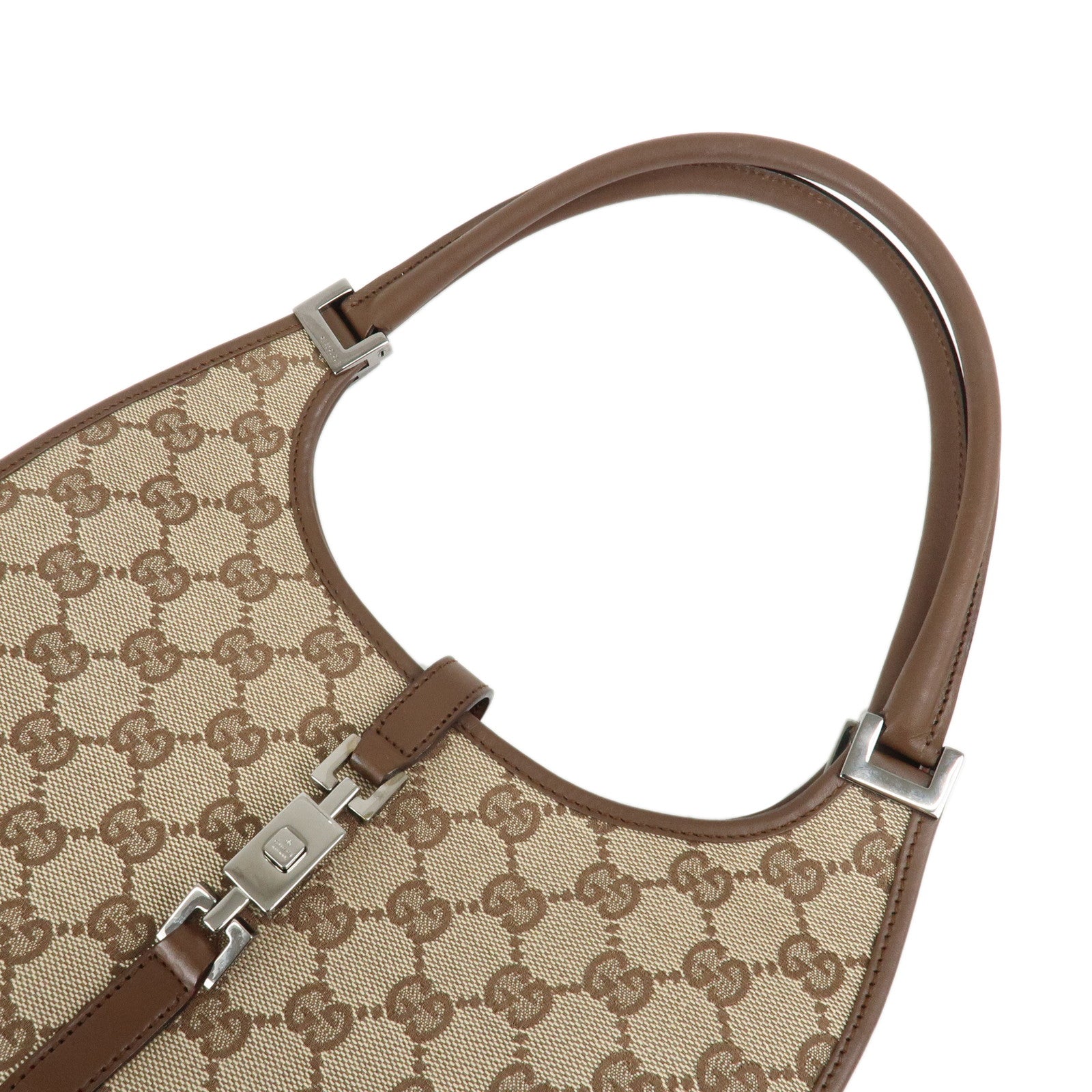 GUCCI Jackie GG Canvas Leather Hand Bag Beige Brown 1721 Used