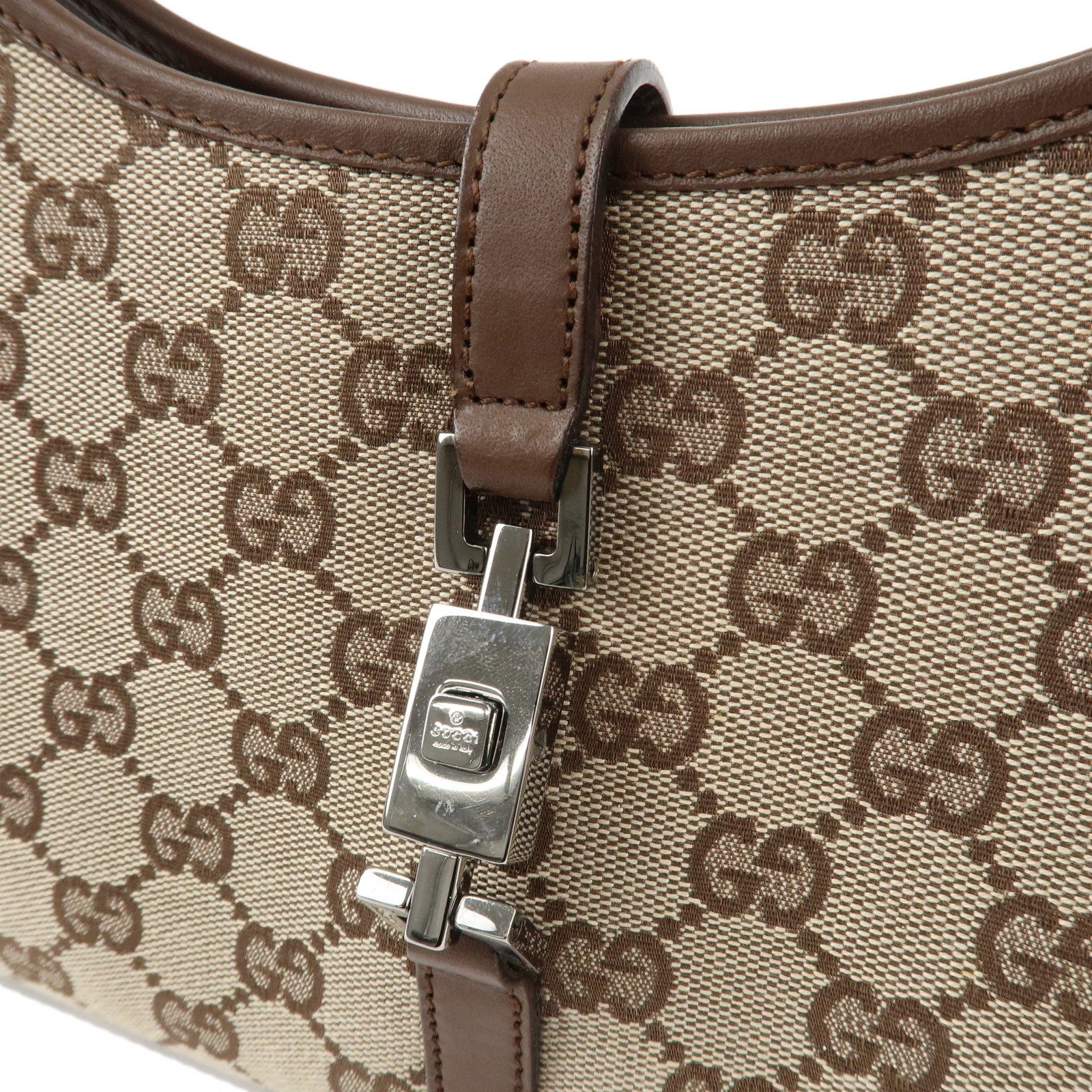 GUCCI Jackie GG Canvas Leather Hand Bag Beige Brown 1721 Used