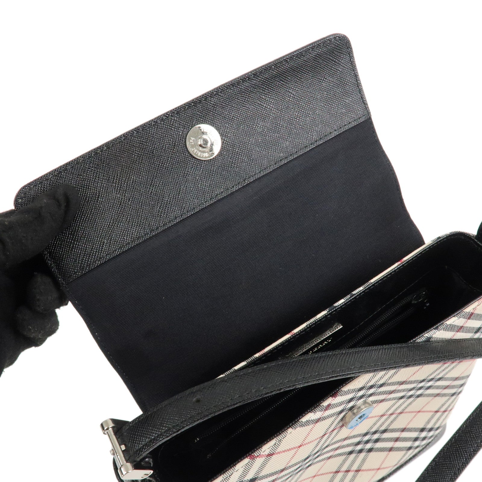 BURBERRY Nova Plaid Nylon Leather Shoulder Bag Beige Black Used