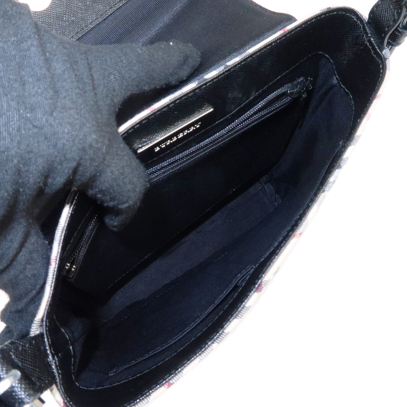 BURBERRY Nova Plaid Nylon Leather Shoulder Bag Beige Black Used