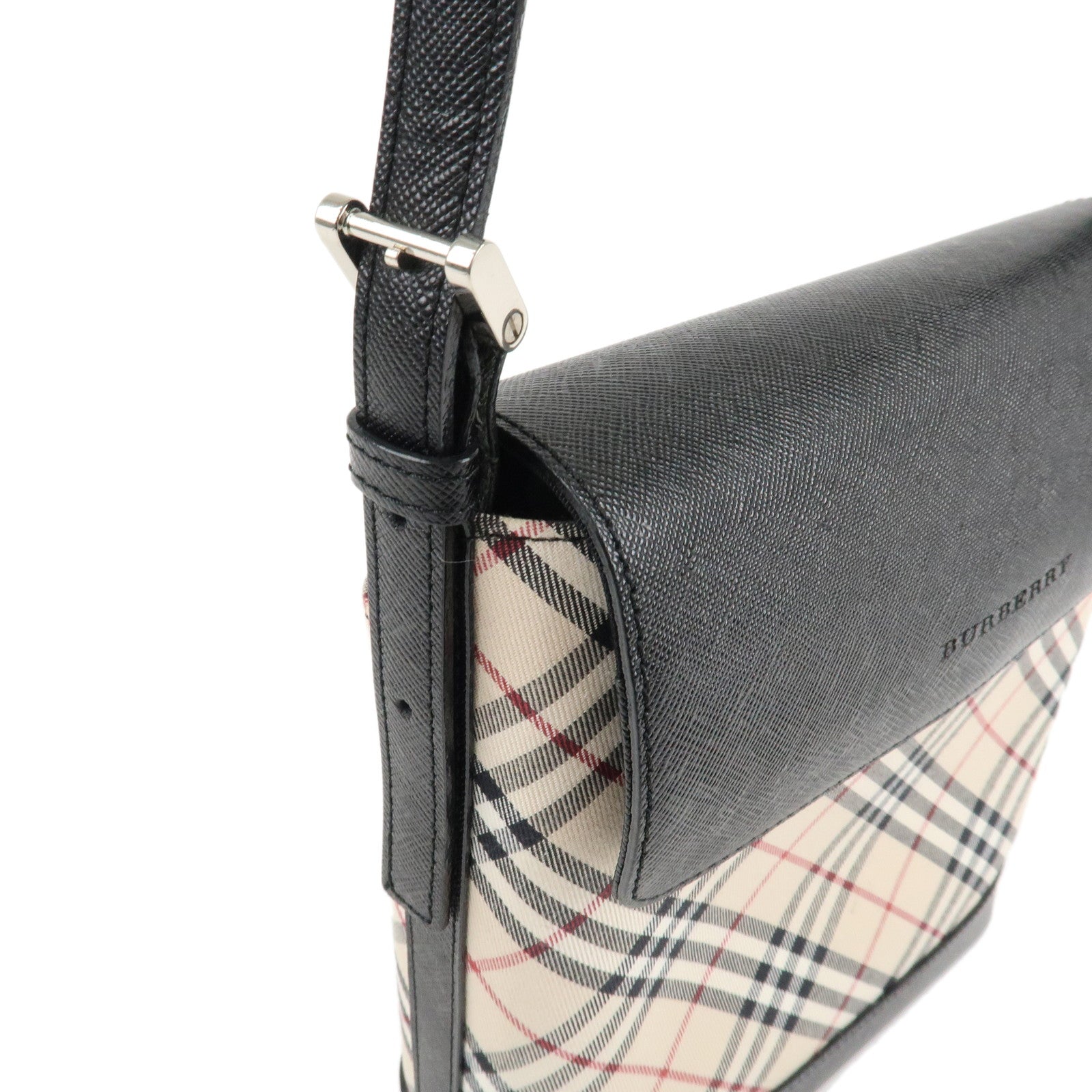 BURBERRY Nova Plaid Nylon Leather Shoulder Bag Beige Black Used