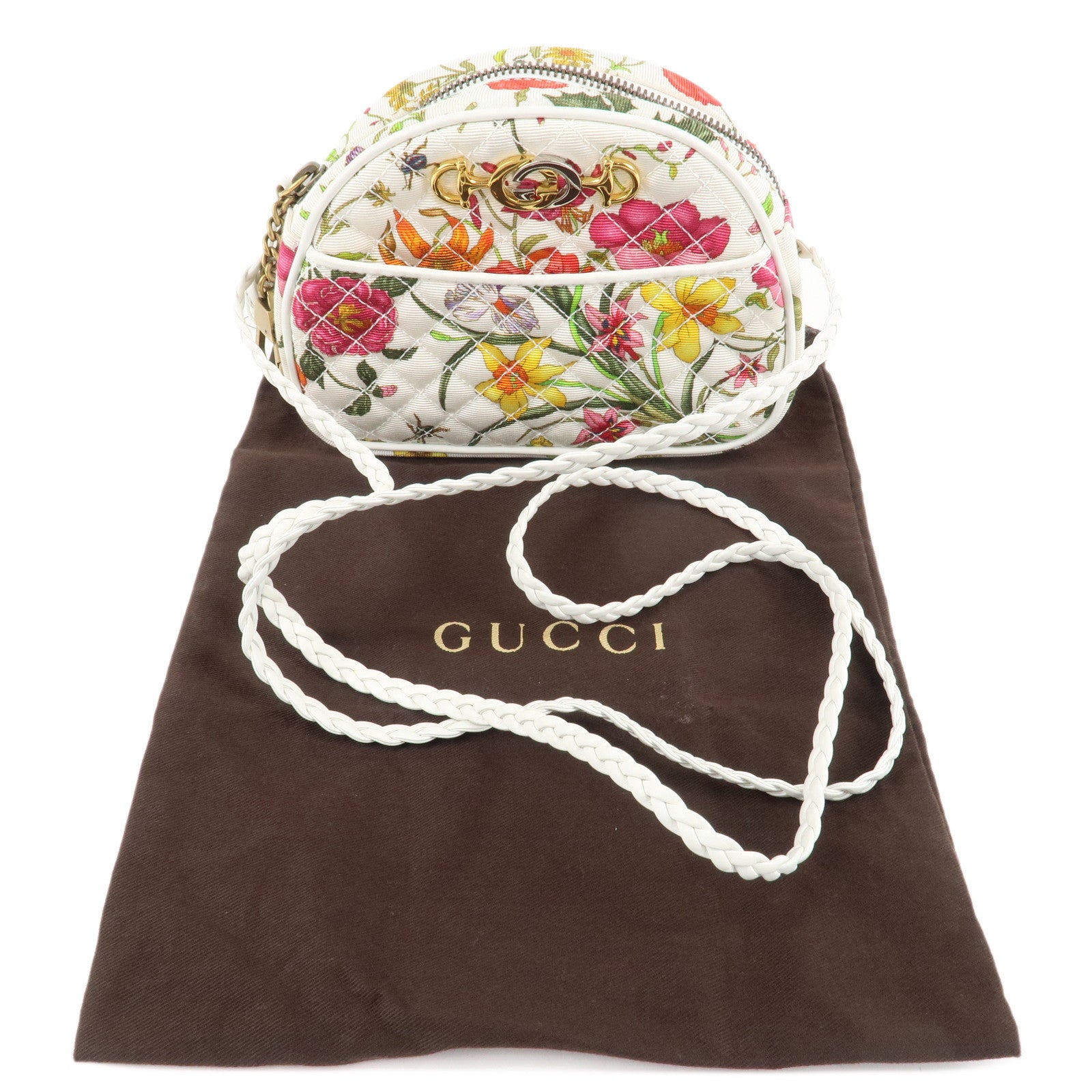 GUCCI Horsebit Laminate Canvas Leather Shoulder Bag Ivory 534951 Used