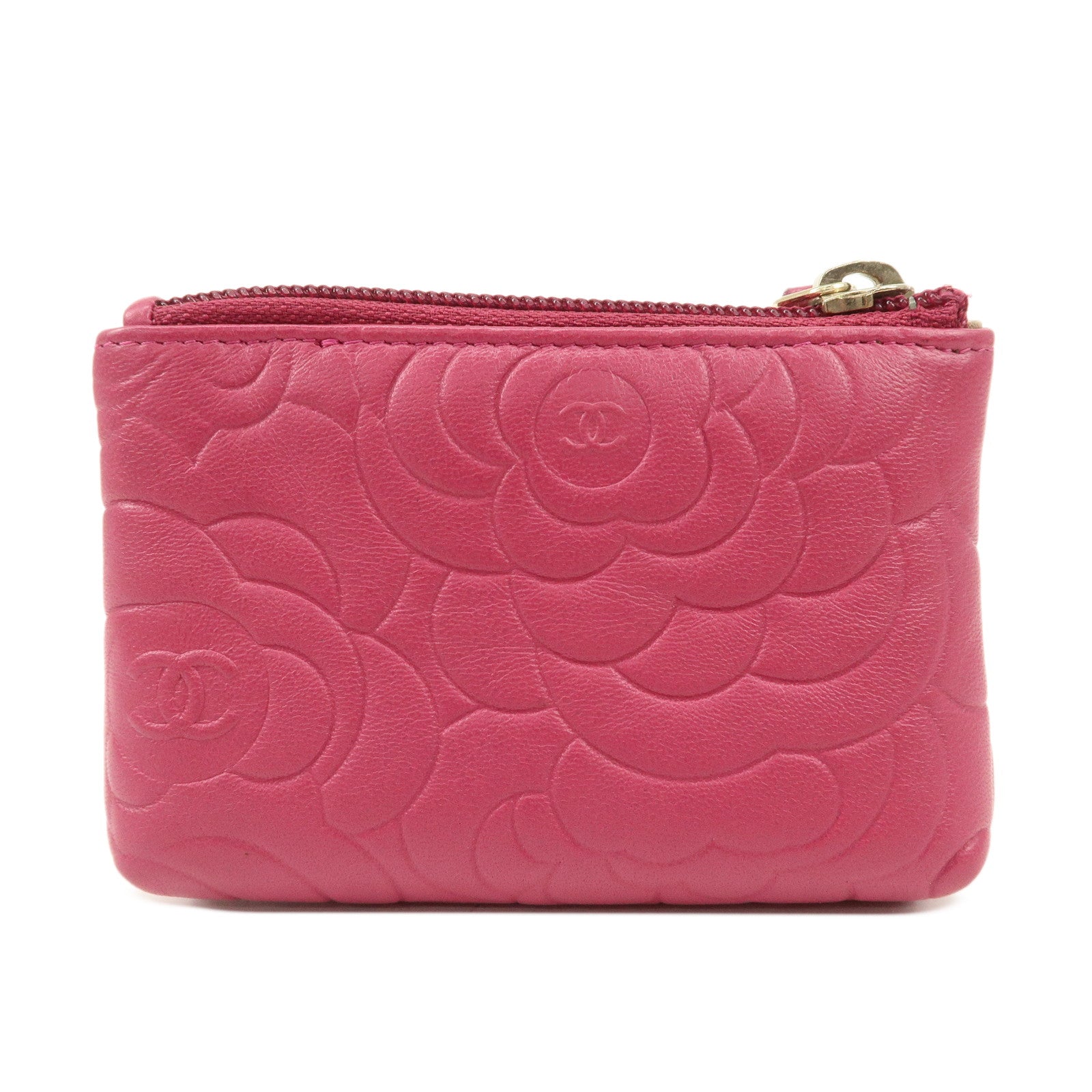 CHANEL Camellia COCO Mark Lamb Skin Coin Case Pink A50090 Used