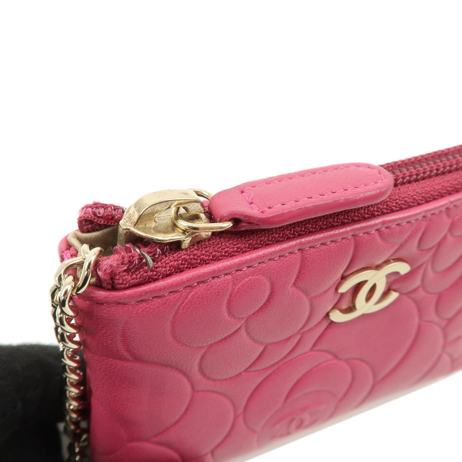 CHANEL Camellia COCO Mark Lamb Skin Coin Case Pink A50090 Used