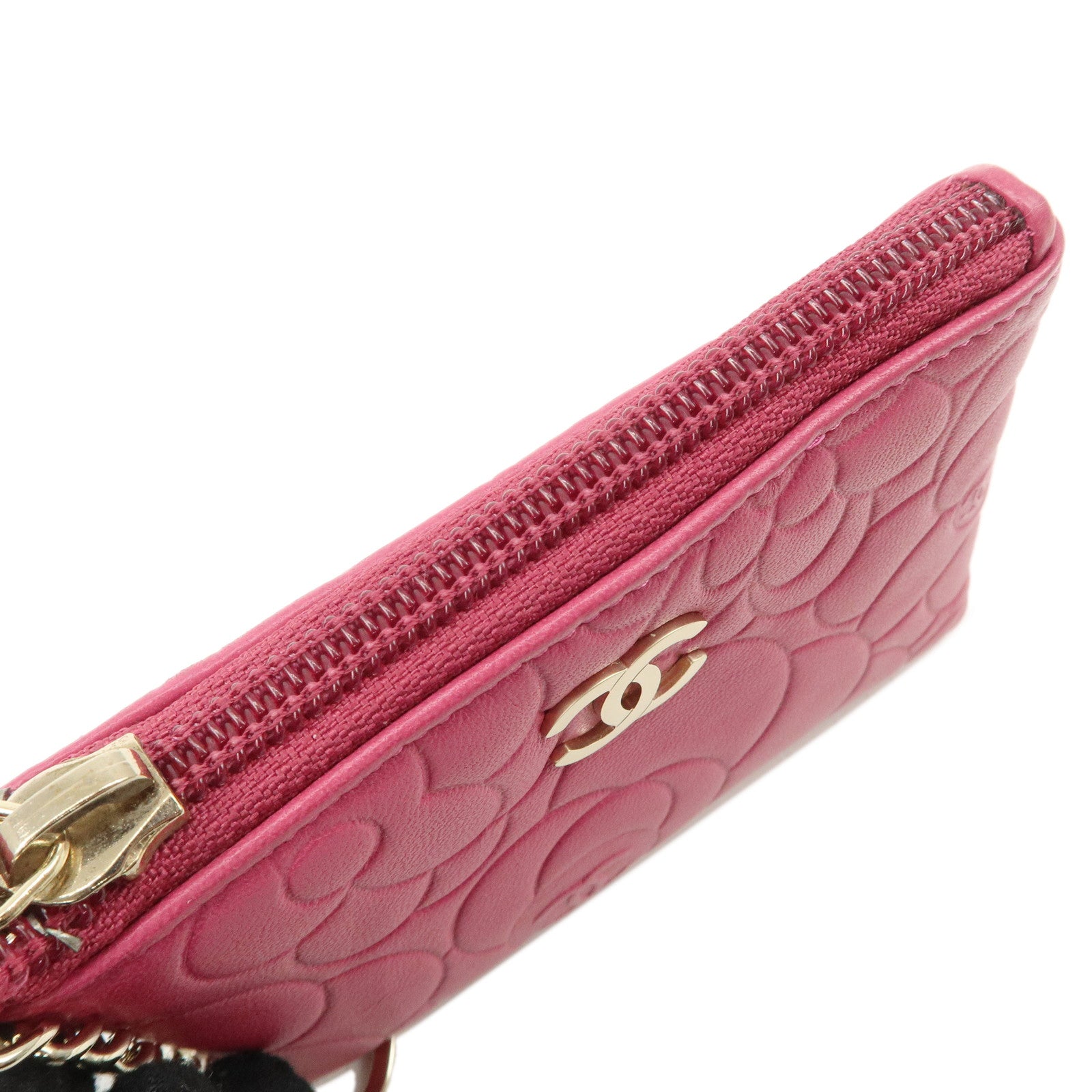 CHANEL Camellia COCO Mark Lamb Skin Coin Case Pink A50090 Used