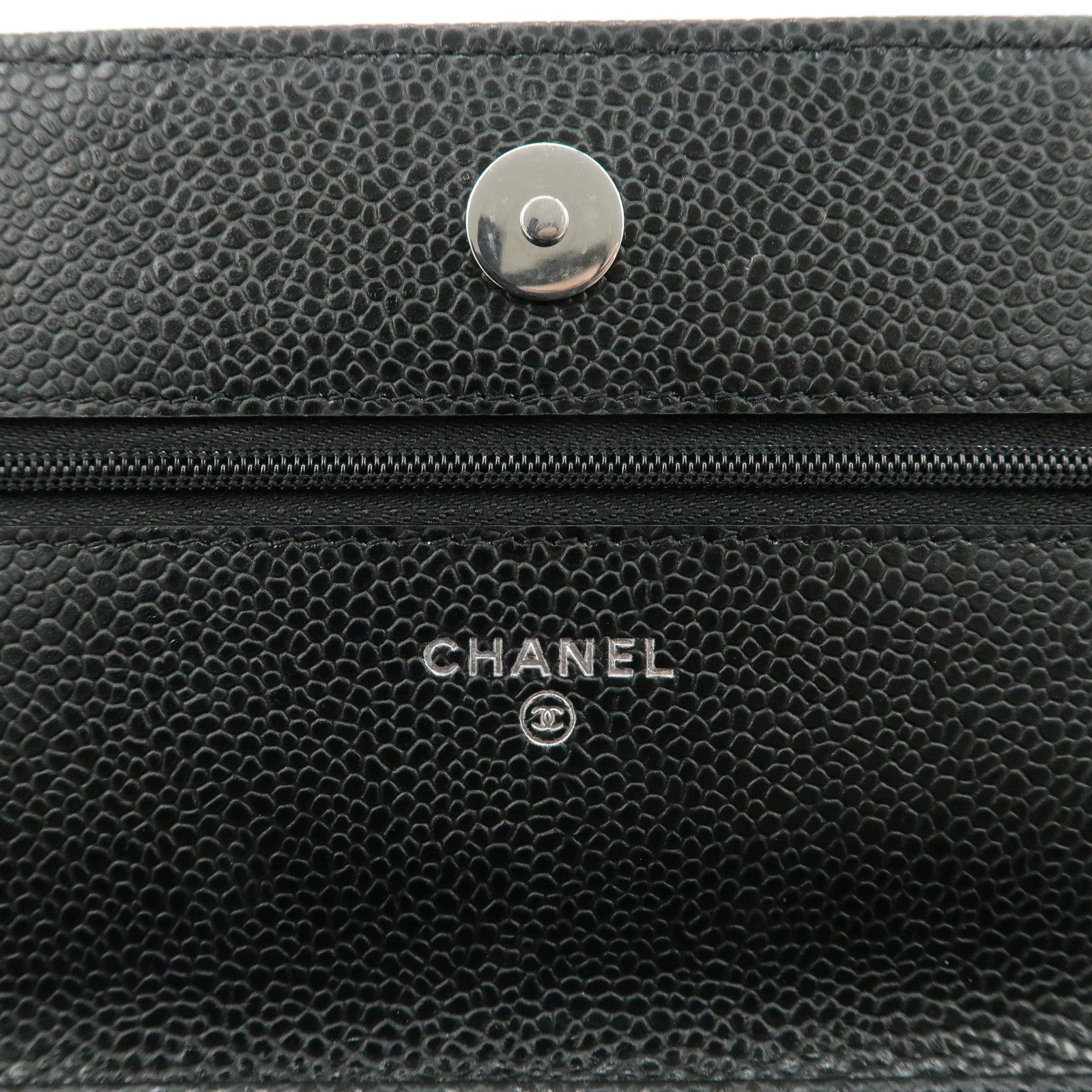 CHANEL Caviar Skin Chain Wallet Purse Black Silver AP0250 Used