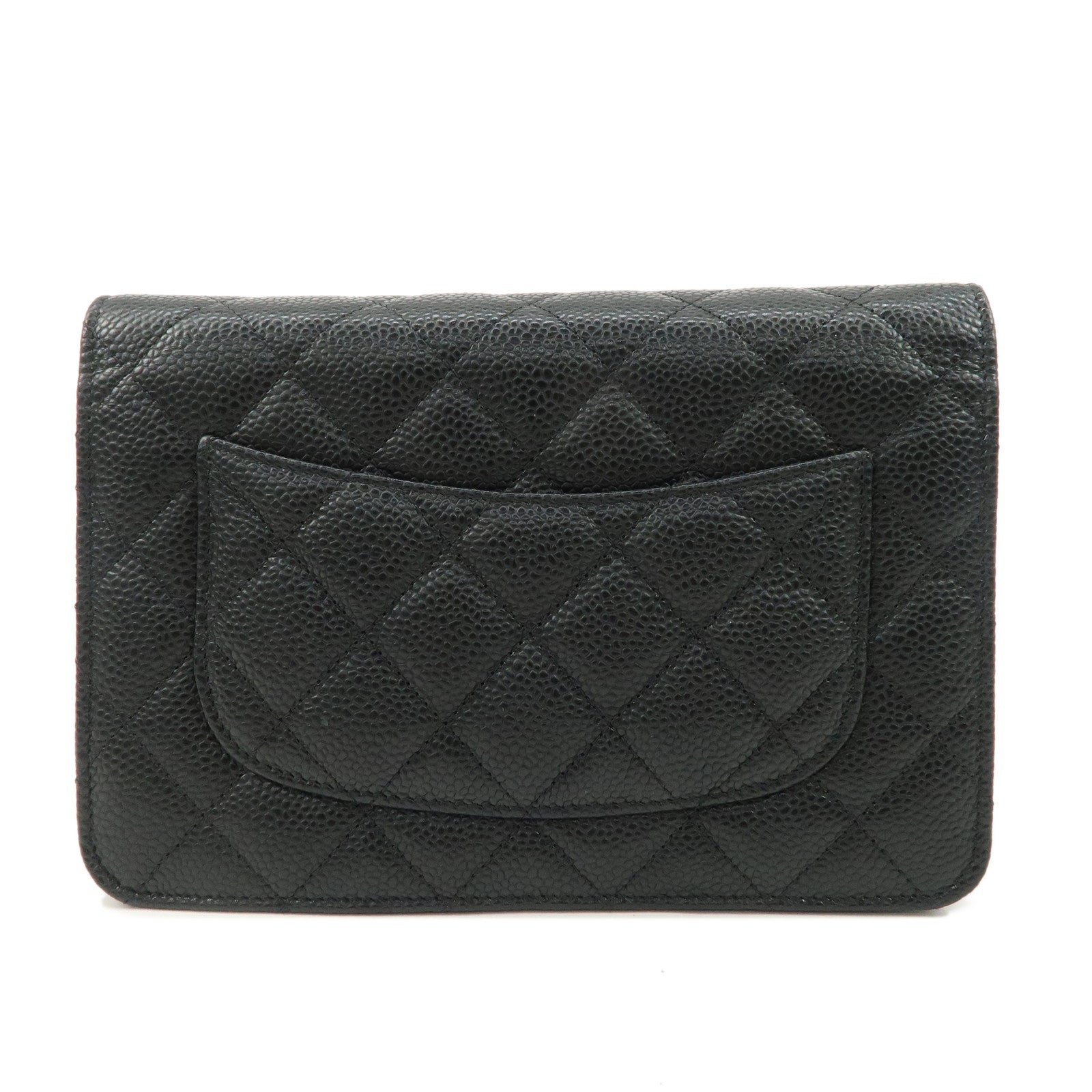 CHANEL Caviar Skin Chain Wallet Purse Black Silver AP0250 Used
