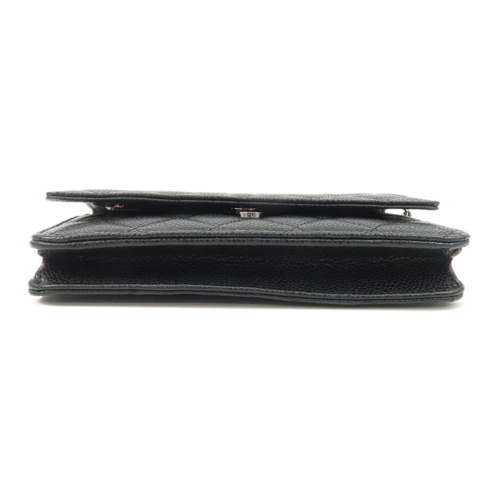 CHANEL Caviar Skin Chain Wallet Purse Black Silver AP0250 Used