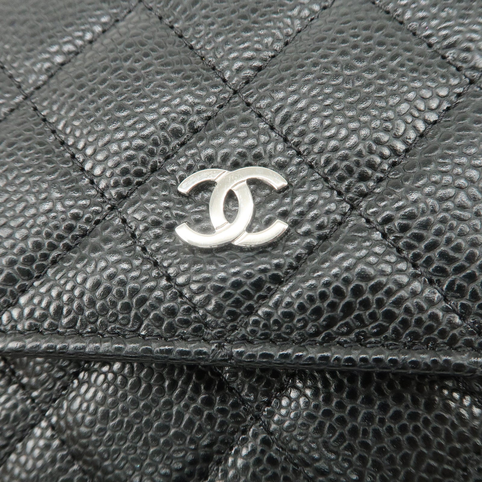 CHANEL Caviar Skin Chain Wallet Purse Black Silver AP0250 Used