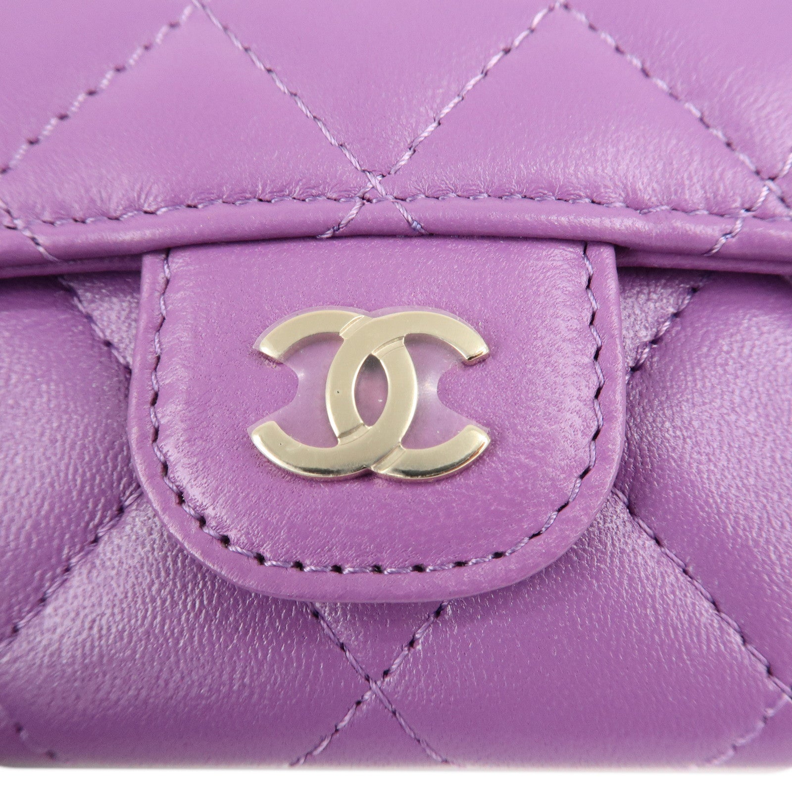 CHANEL Matelasse Lamb Skin Card Case Purple AP0214 Used