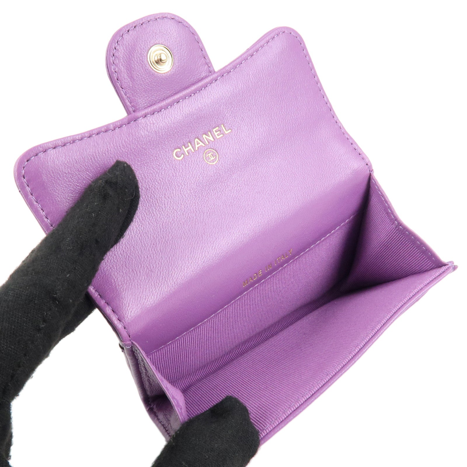CHANEL Matelasse Lamb Skin Card Case Purple AP0214 Used