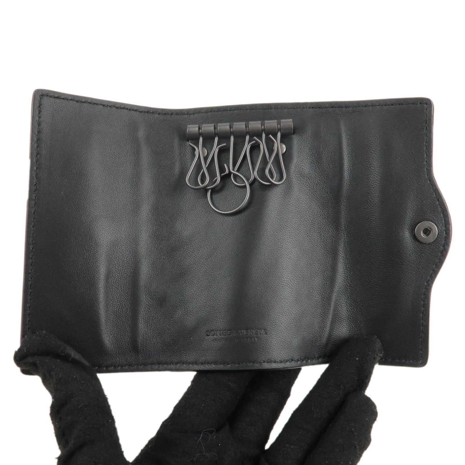 BOTTEGA VENETA Intrecciato Leather 6 Rings Key Case Black Used