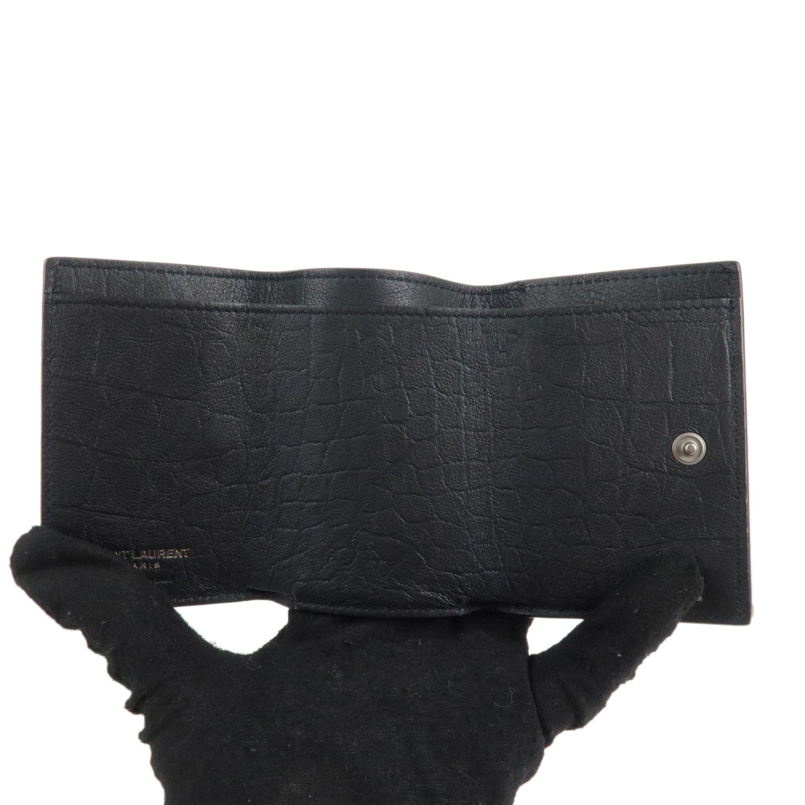 Saint Laurent Paris Leather Compact Wallet Black 529976 Used