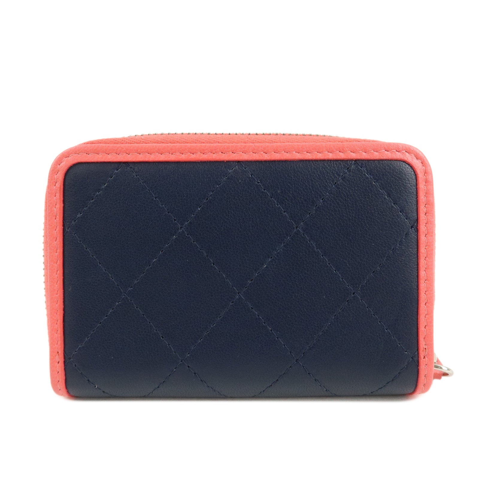 CHANEL COCO Mark Matelasse Leather Coin Case Navy Pink Used