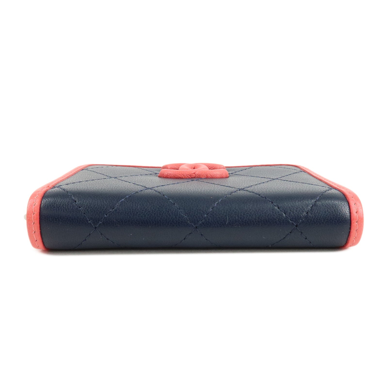 CHANEL COCO Mark Matelasse Leather Coin Case Navy Pink Used