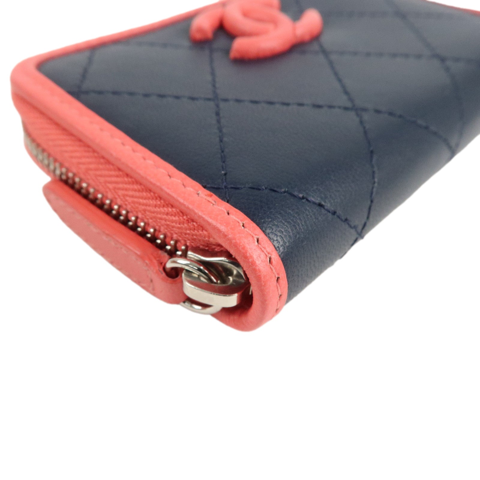 CHANEL COCO Mark Matelasse Leather Coin Case Navy Pink Used