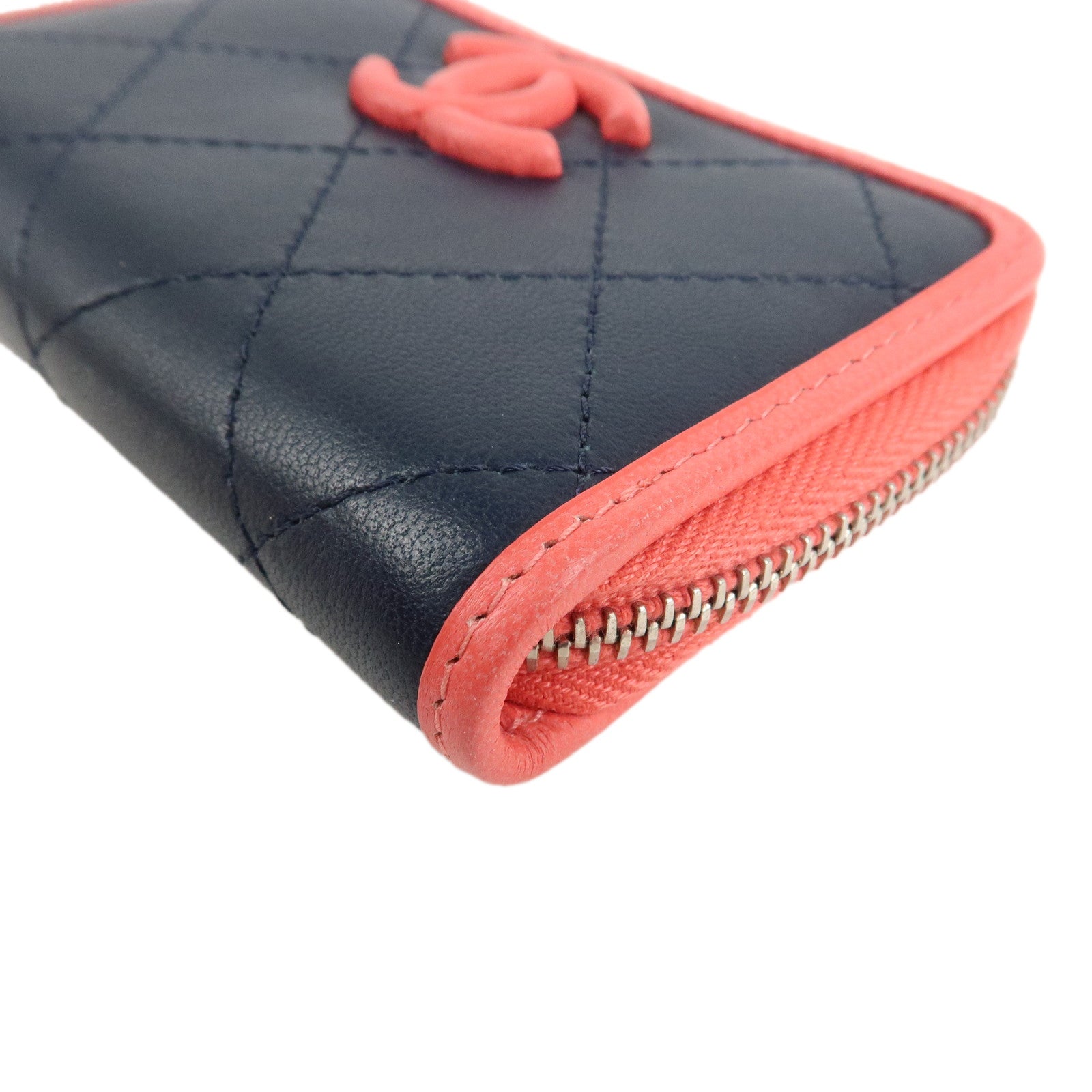 CHANEL COCO Mark Matelasse Leather Coin Case Navy Pink Used