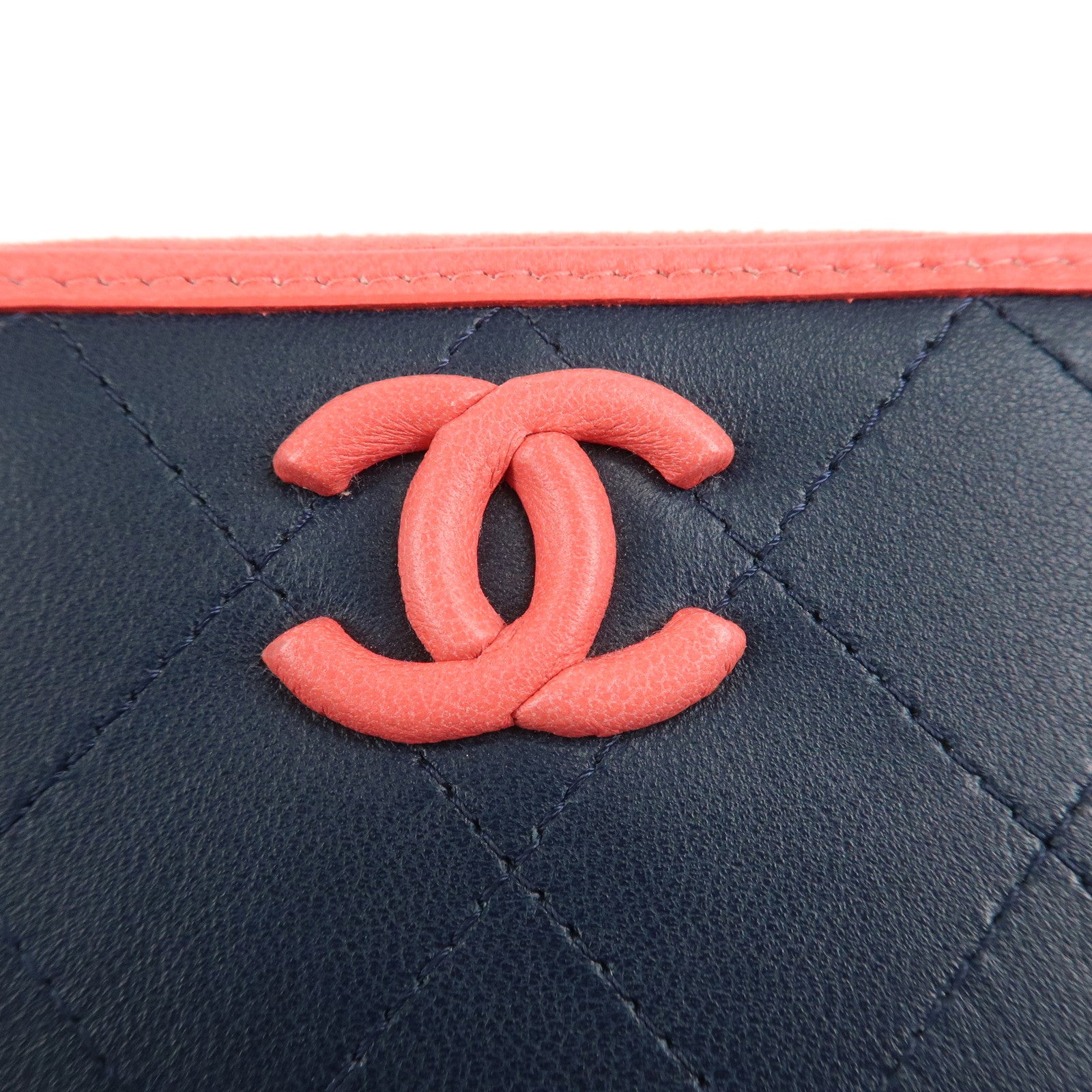 CHANEL COCO Mark Matelasse Leather Coin Case Navy Pink Used