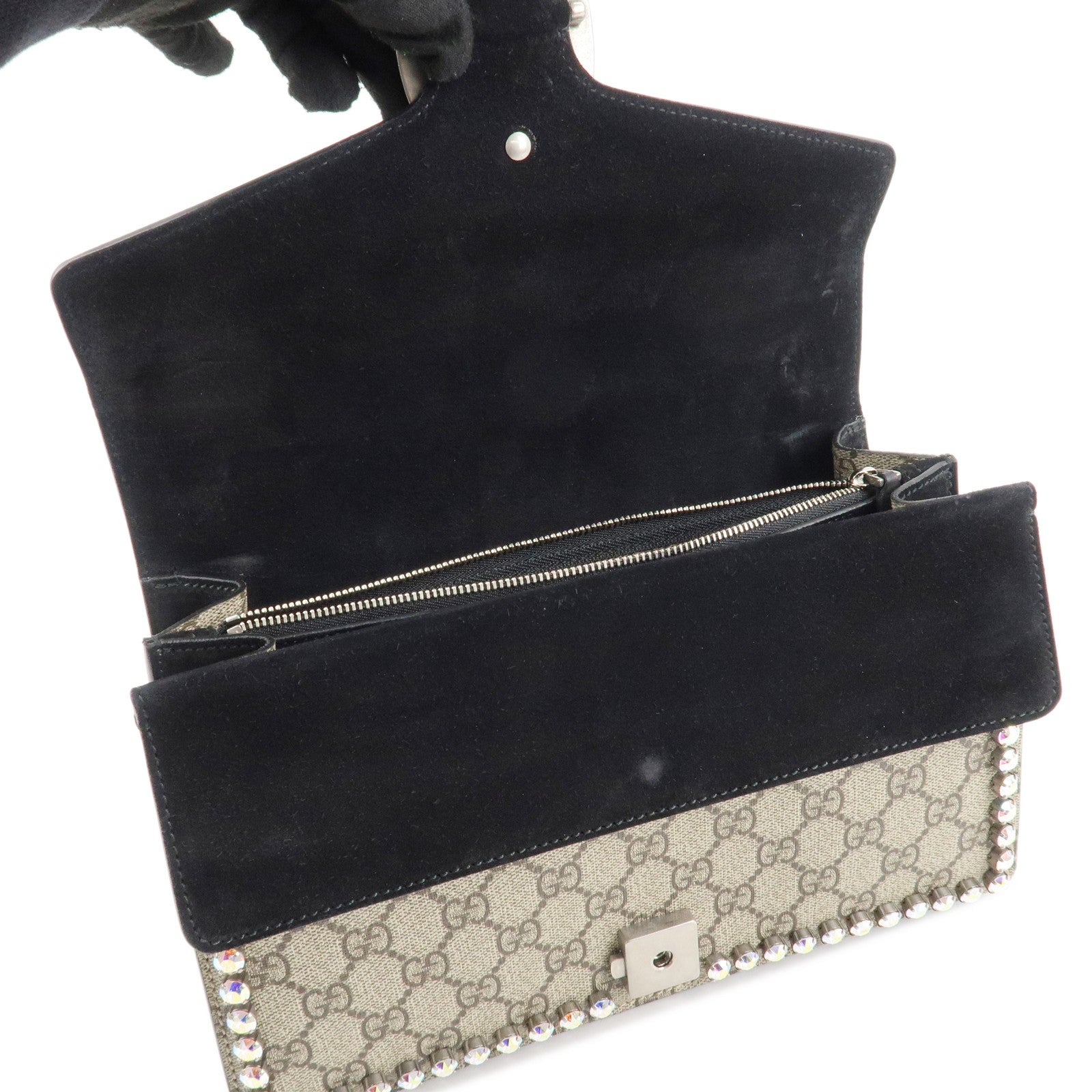 GUCCI Dionysus GG Supreme Suede Crystal Bijou Shoulder Bag 400249 Used