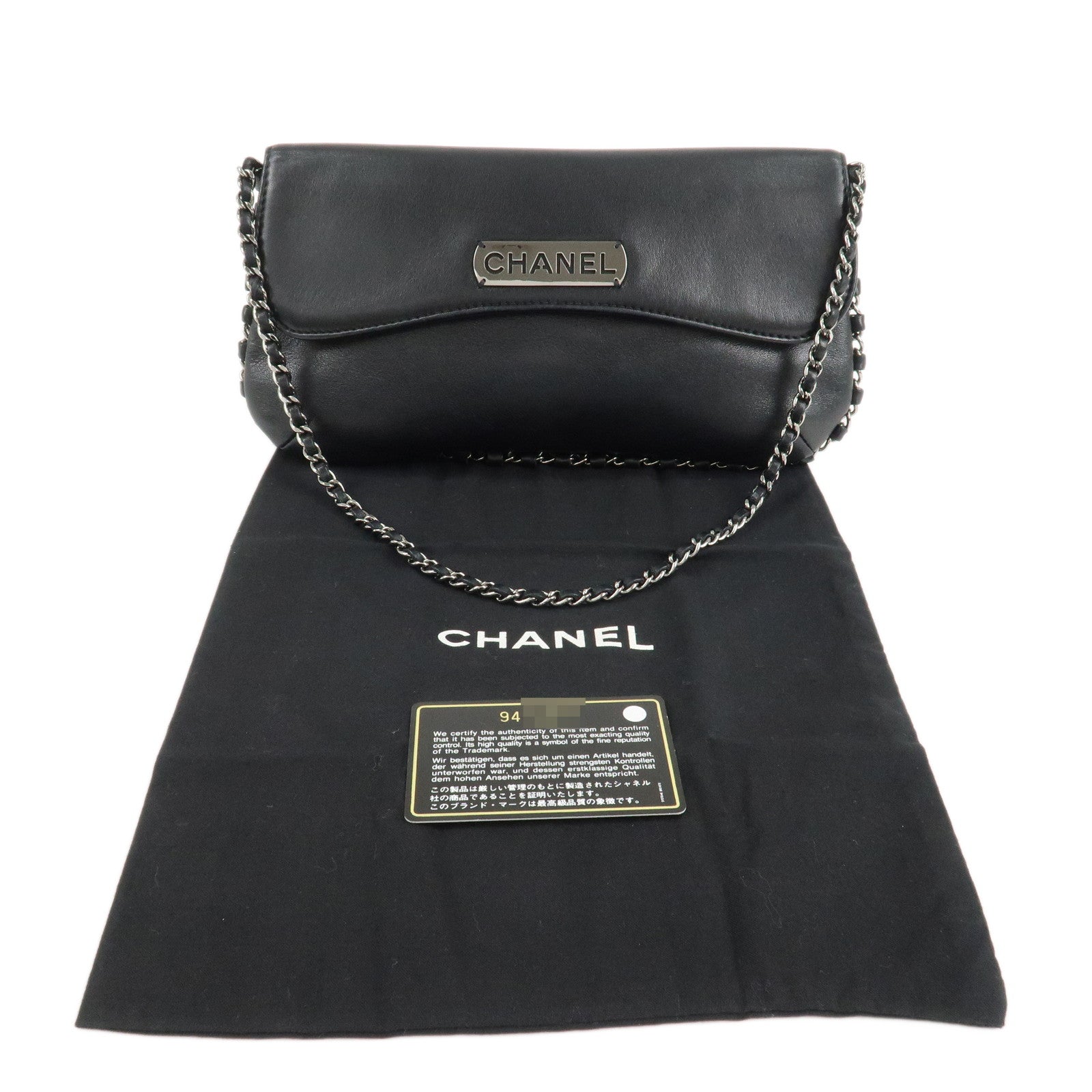 CHANEL Logo Lamb Skin Chain Shoulder Bag Black Silver HDW Used