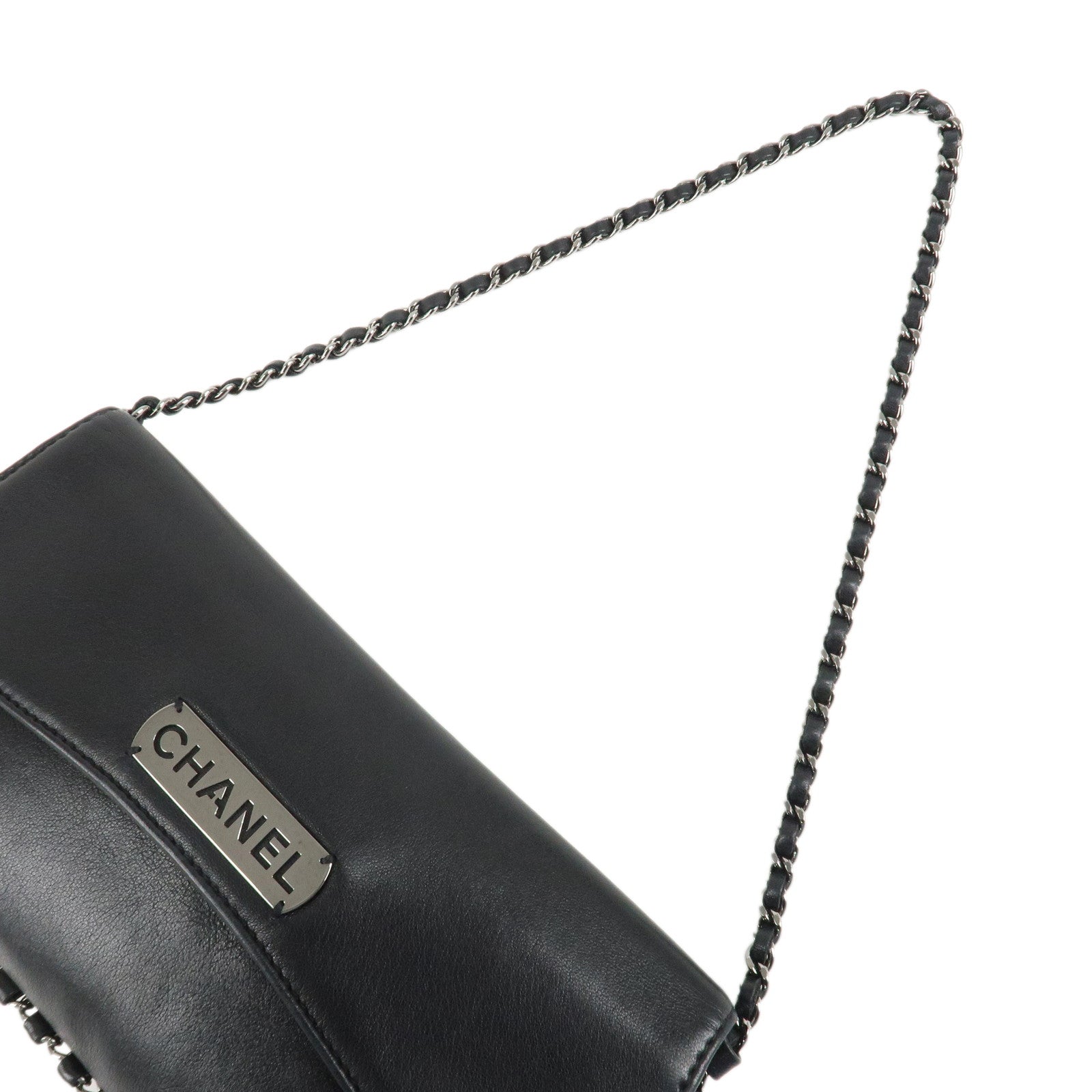 CHANEL Logo Lamb Skin Chain Shoulder Bag Black Silver HDW Used