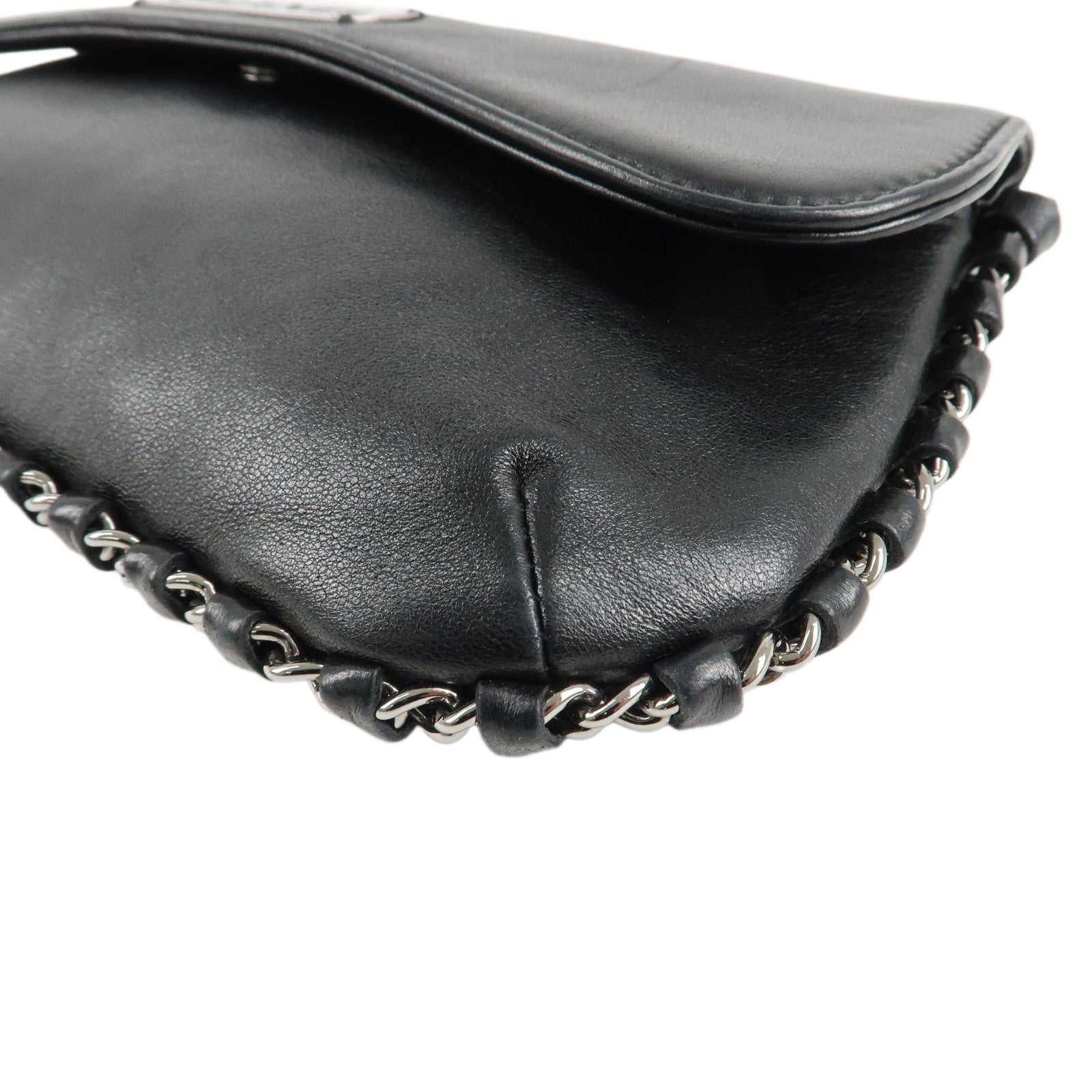 CHANEL Logo Lamb Skin Chain Shoulder Bag Black Silver HDW Used