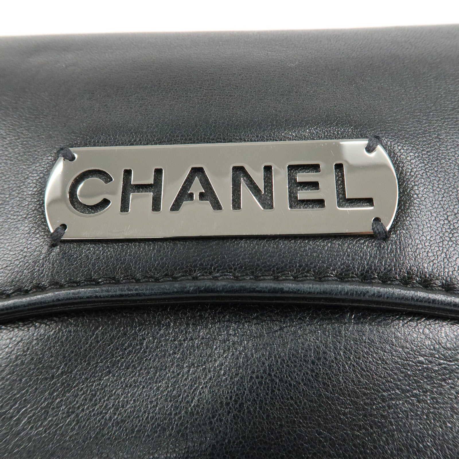 CHANEL Logo Lamb Skin Chain Shoulder Bag Black Silver HDW Used