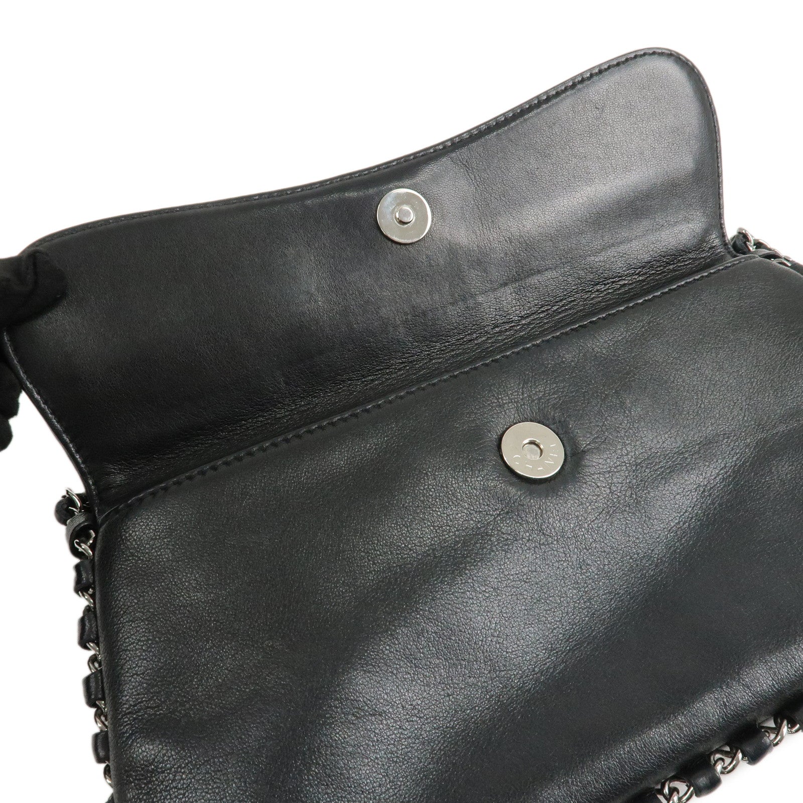 CHANEL Logo Lamb Skin Chain Shoulder Bag Black Silver HDW Used