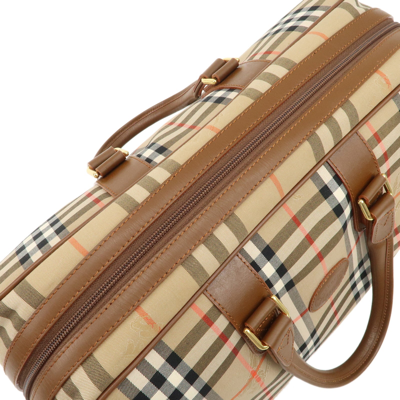 BURBERRY Canvas Leather Nova Plaid Boston Bag Hand Bag Brown Used