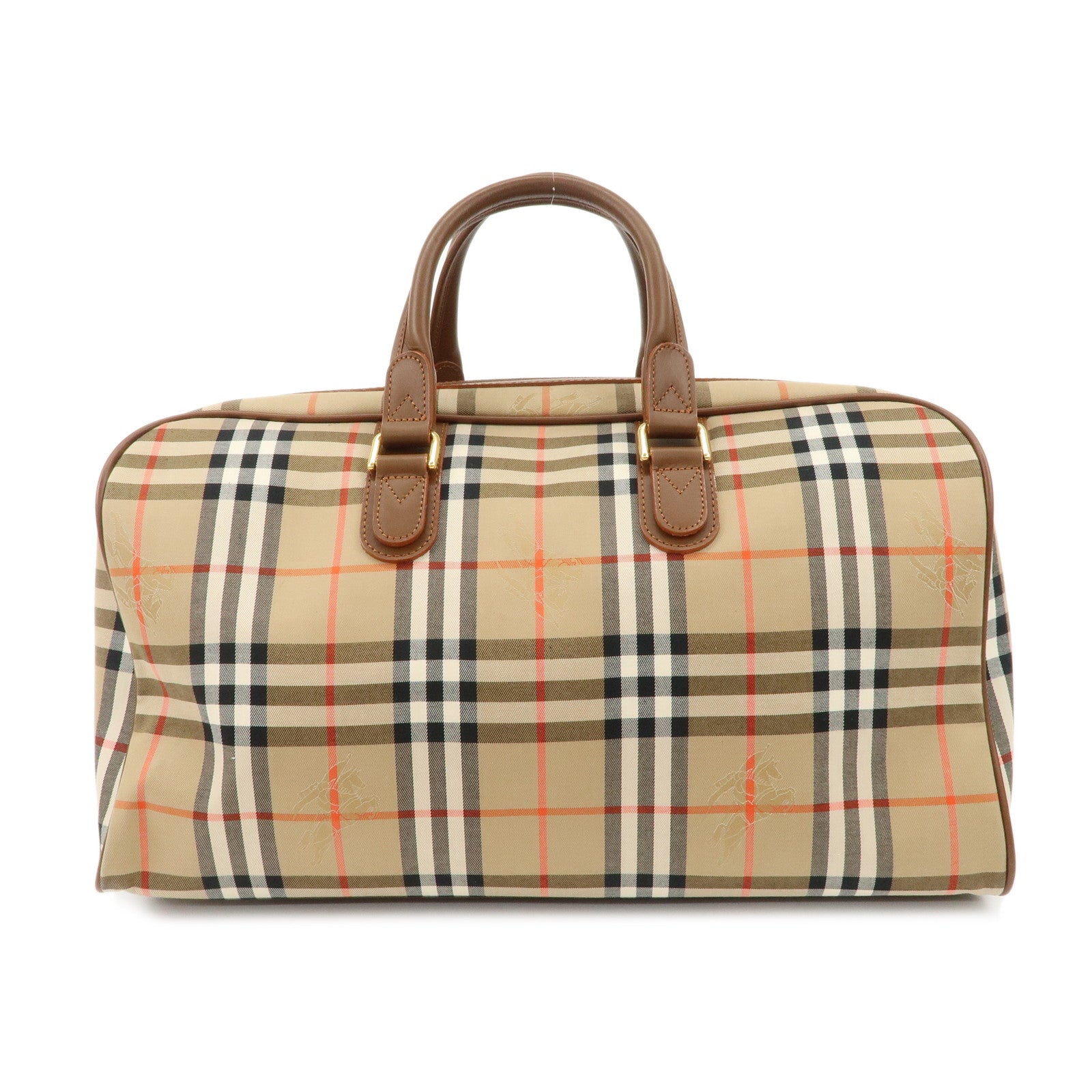 BURBERRY Canvas Leather Nova Plaid Boston Bag Hand Bag Brown Used