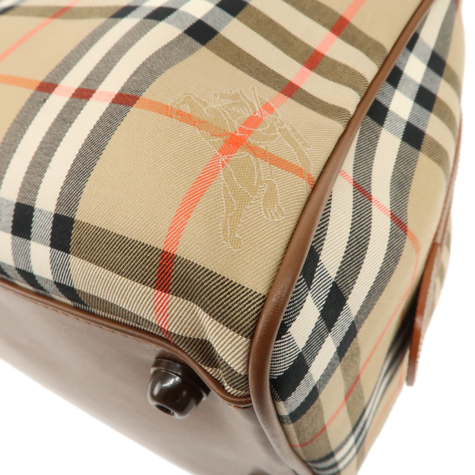 BURBERRY Canvas Leather Nova Plaid Boston Bag Hand Bag Brown Used