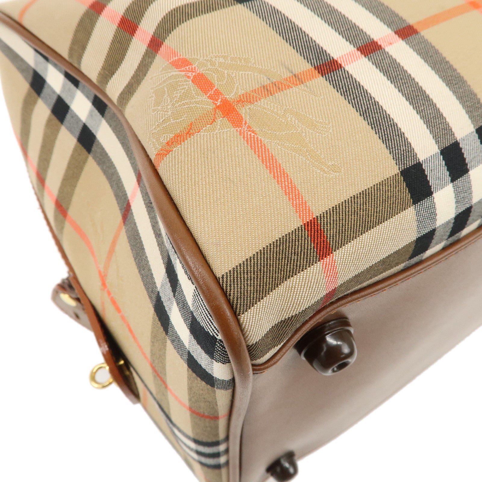 BURBERRY Canvas Leather Nova Plaid Boston Bag Hand Bag Brown Used