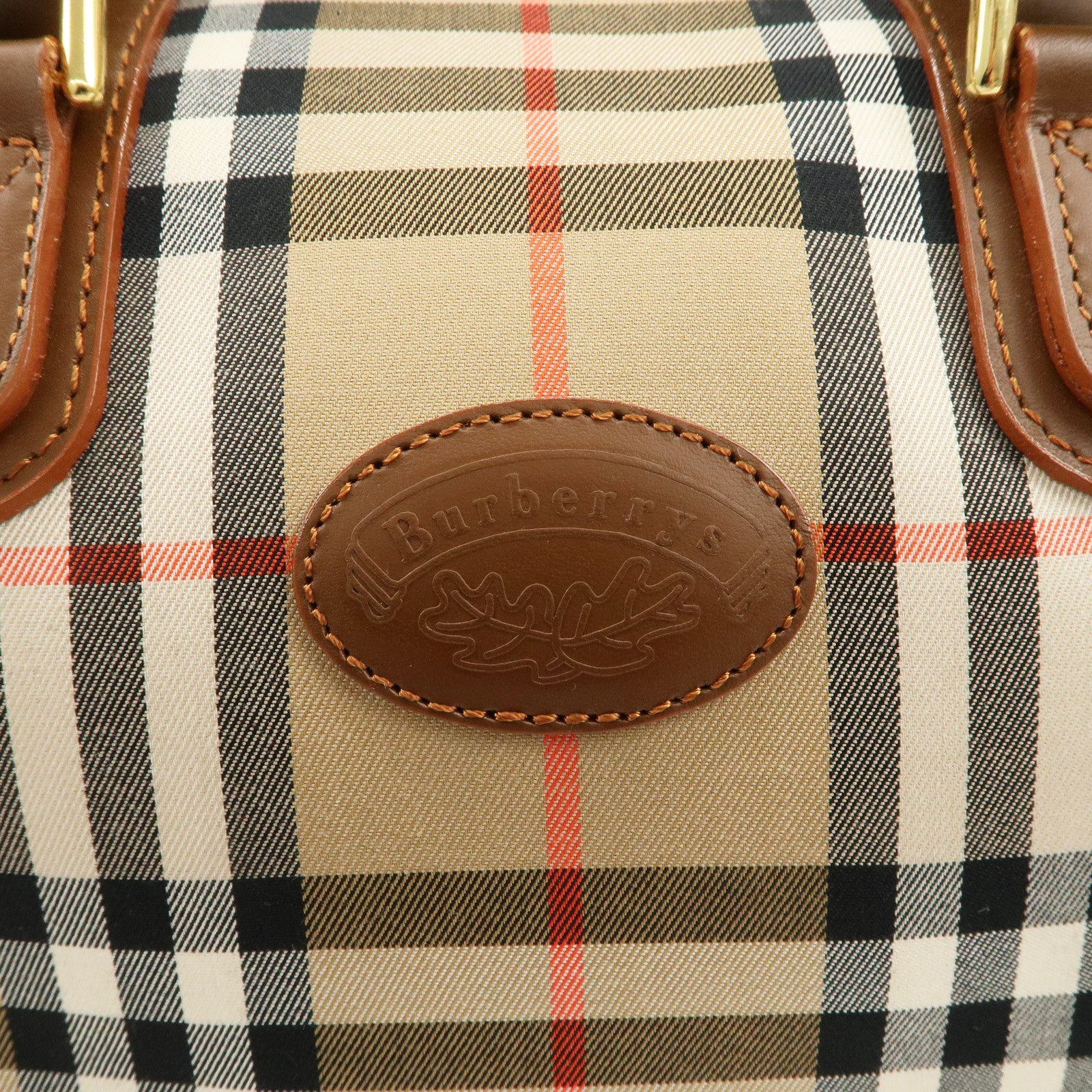 BURBERRY Canvas Leather Nova Plaid Boston Bag Hand Bag Brown Used