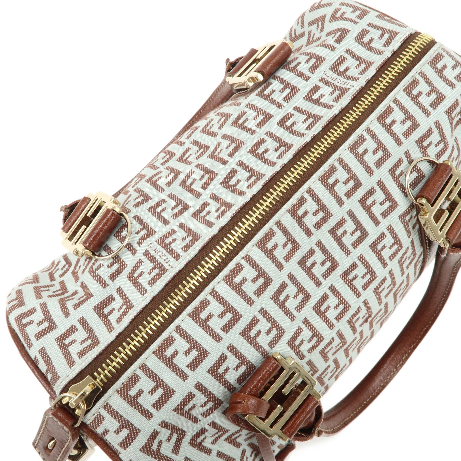 FENDI Zucchino Canvas Leather Mini Boston Bag Brown Blue 8BL068 Used