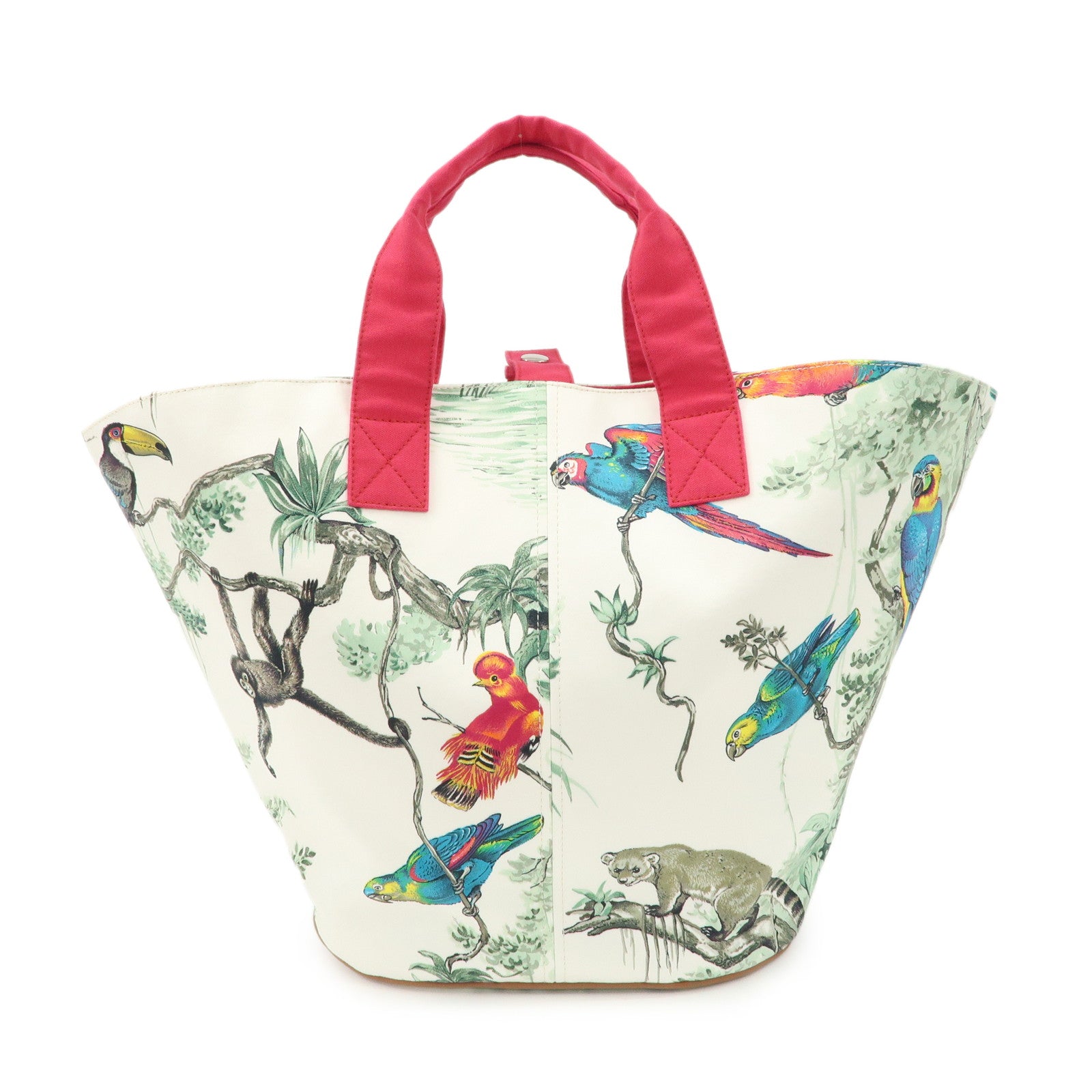 HERMES Canvas Leather Panied Plage PM White Rose Tyrien Tote Bag Used