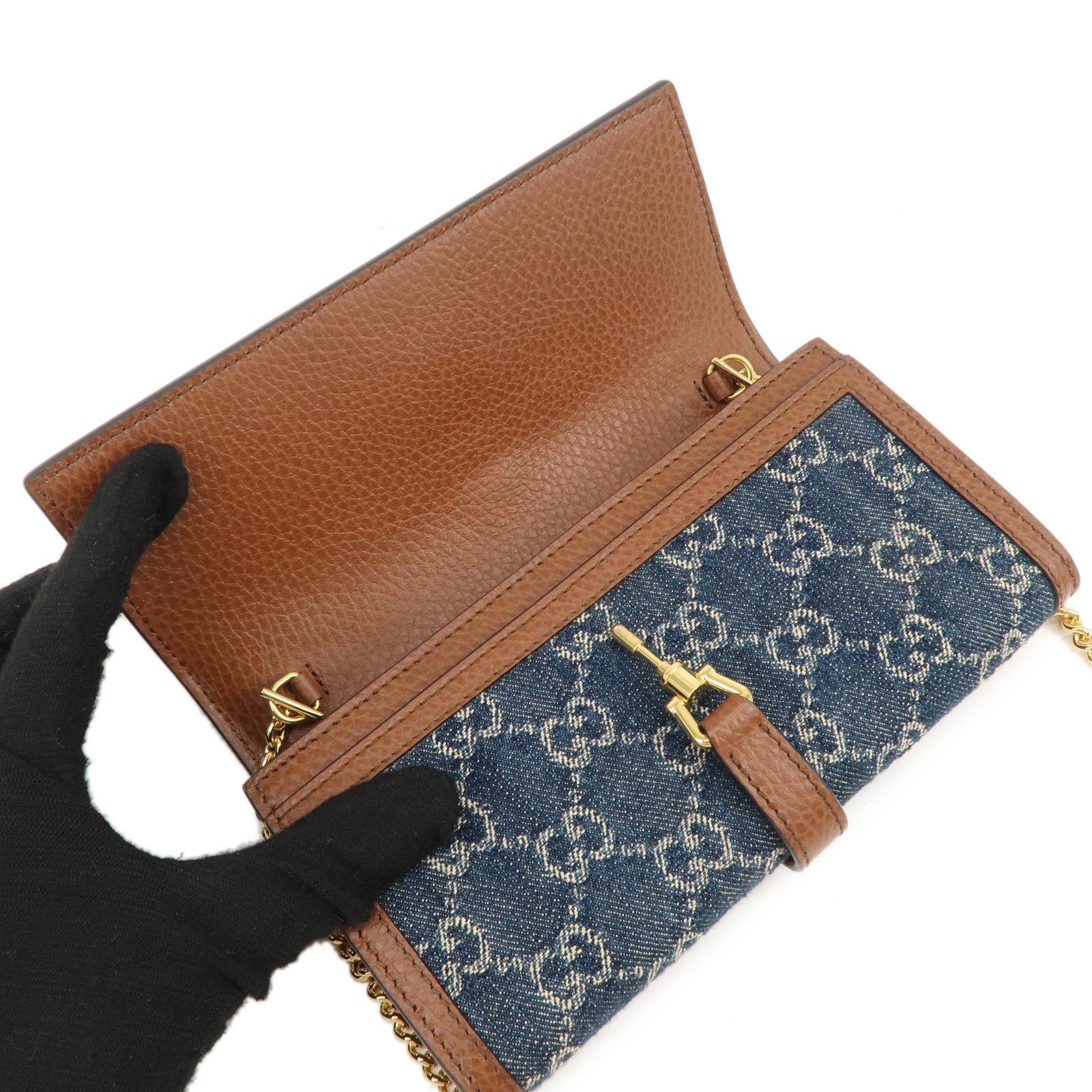 GUCCI New Jackie 1961 GG Denim Leather Chain Wallet WOC 652681 Used