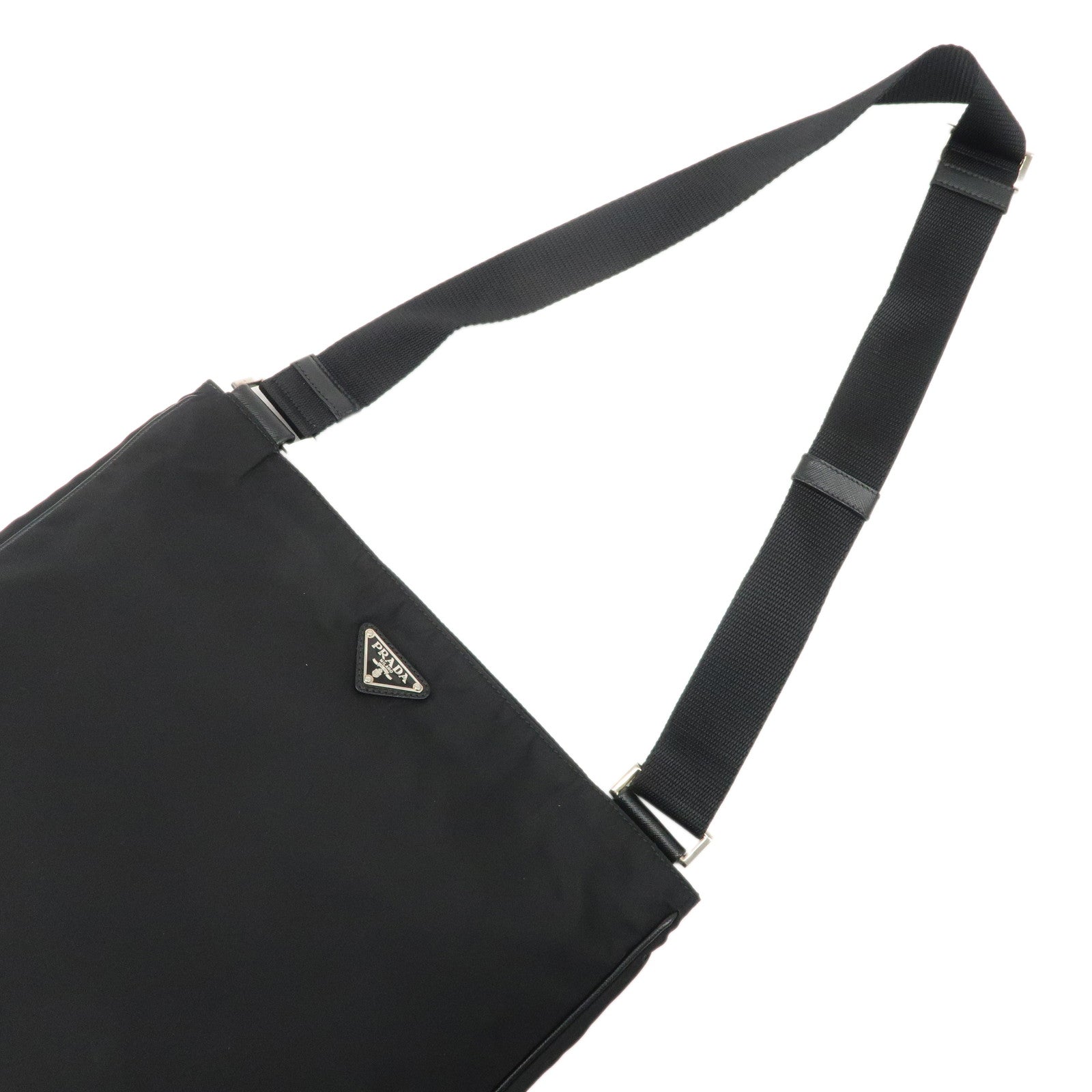 PRADA Triangle Logo Nylon Saffiano Leather Shoulder Bag Black Used