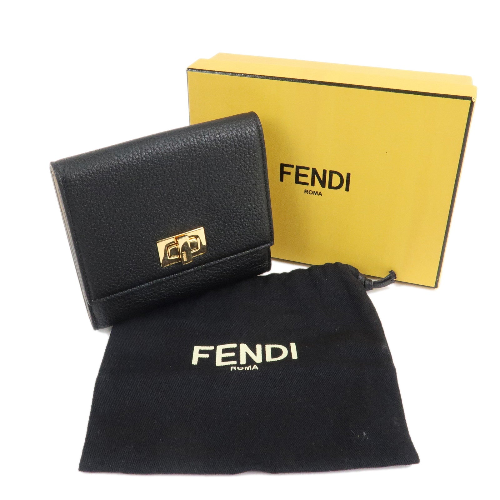 FENDI Leather Peekaboo Folded Wallet Bi-fold Wallet Black 8M0438 Used