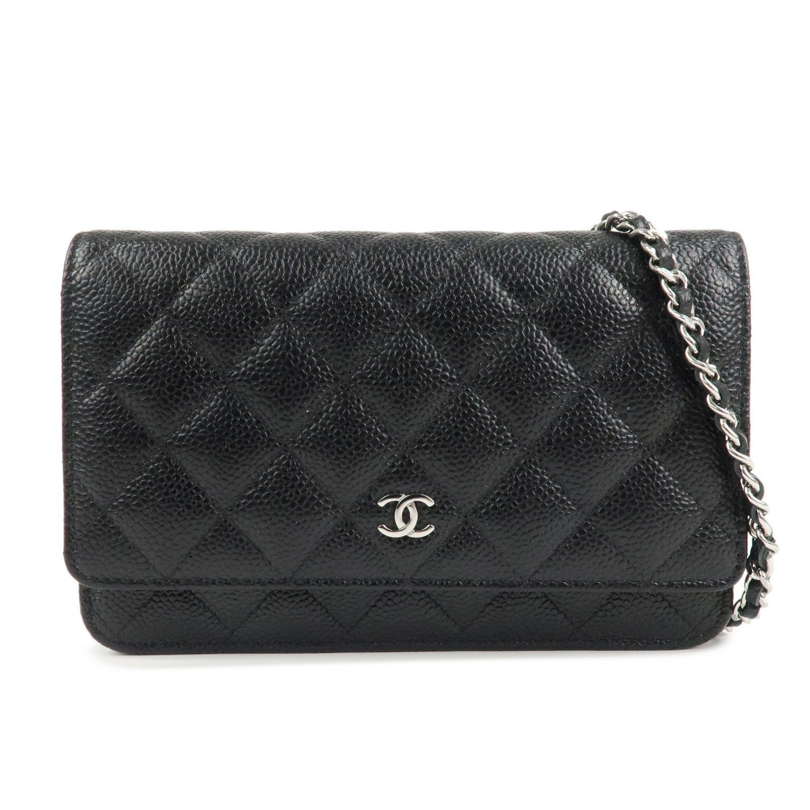 CHANEL-Caviar-Skin-Chain-Shoulder-Wallet-Purse-Black-Silver-AP0250