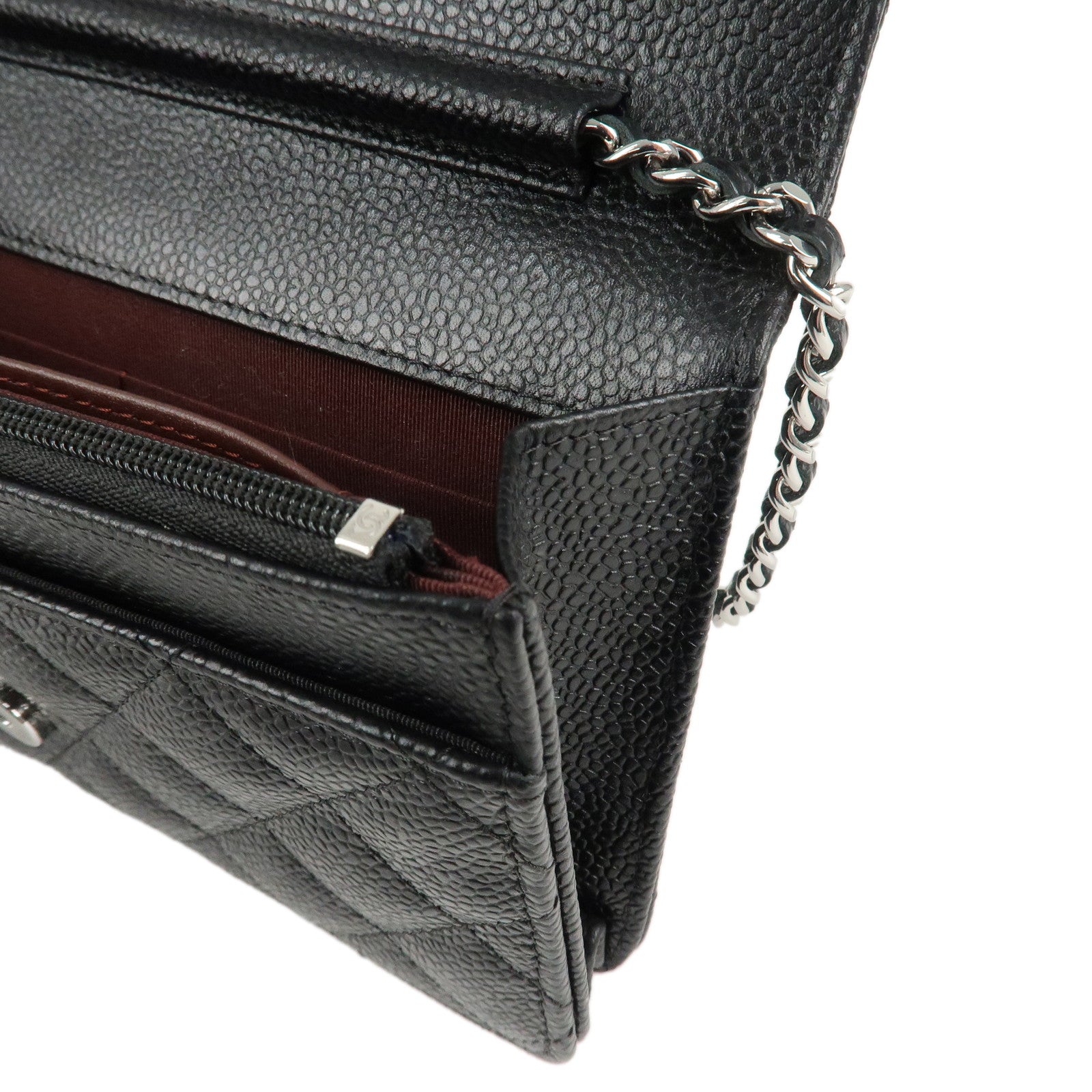 CHANEL Caviar Skin Chain Shoulder Wallet Purse Black Silver AP0250 Used