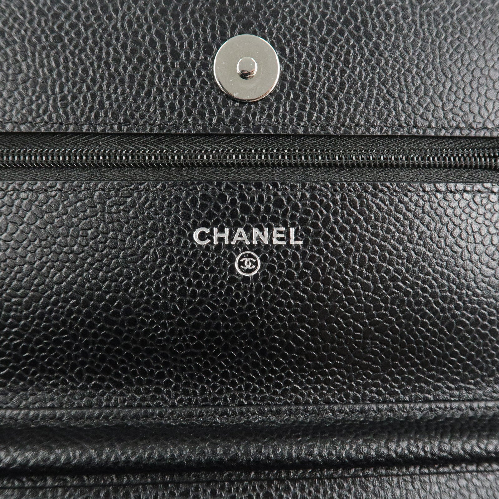 CHANEL Caviar Skin Chain Shoulder Wallet Purse Black Silver AP0250 Used