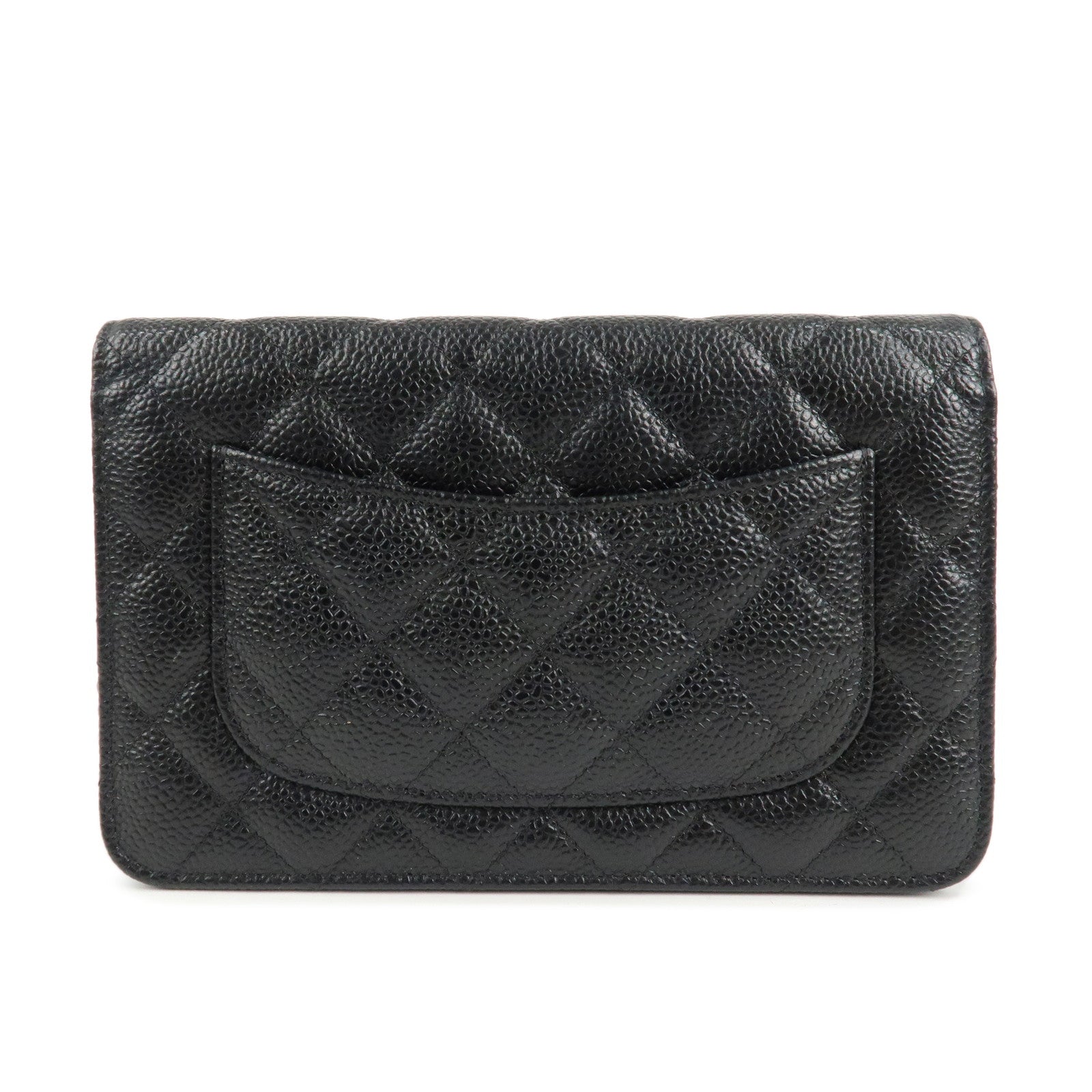 CHANEL Caviar Skin Chain Shoulder Wallet Purse Black Silver AP0250 Used