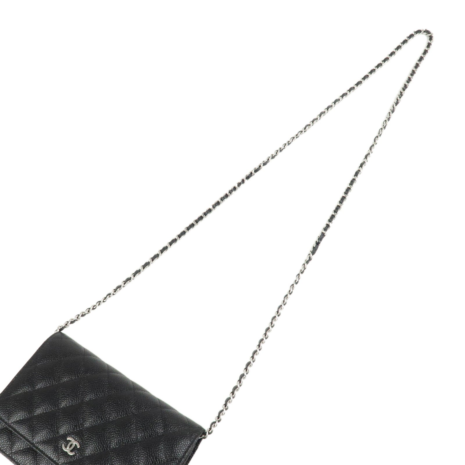 CHANEL Caviar Skin Chain Shoulder Wallet Purse Black Silver AP0250 Used